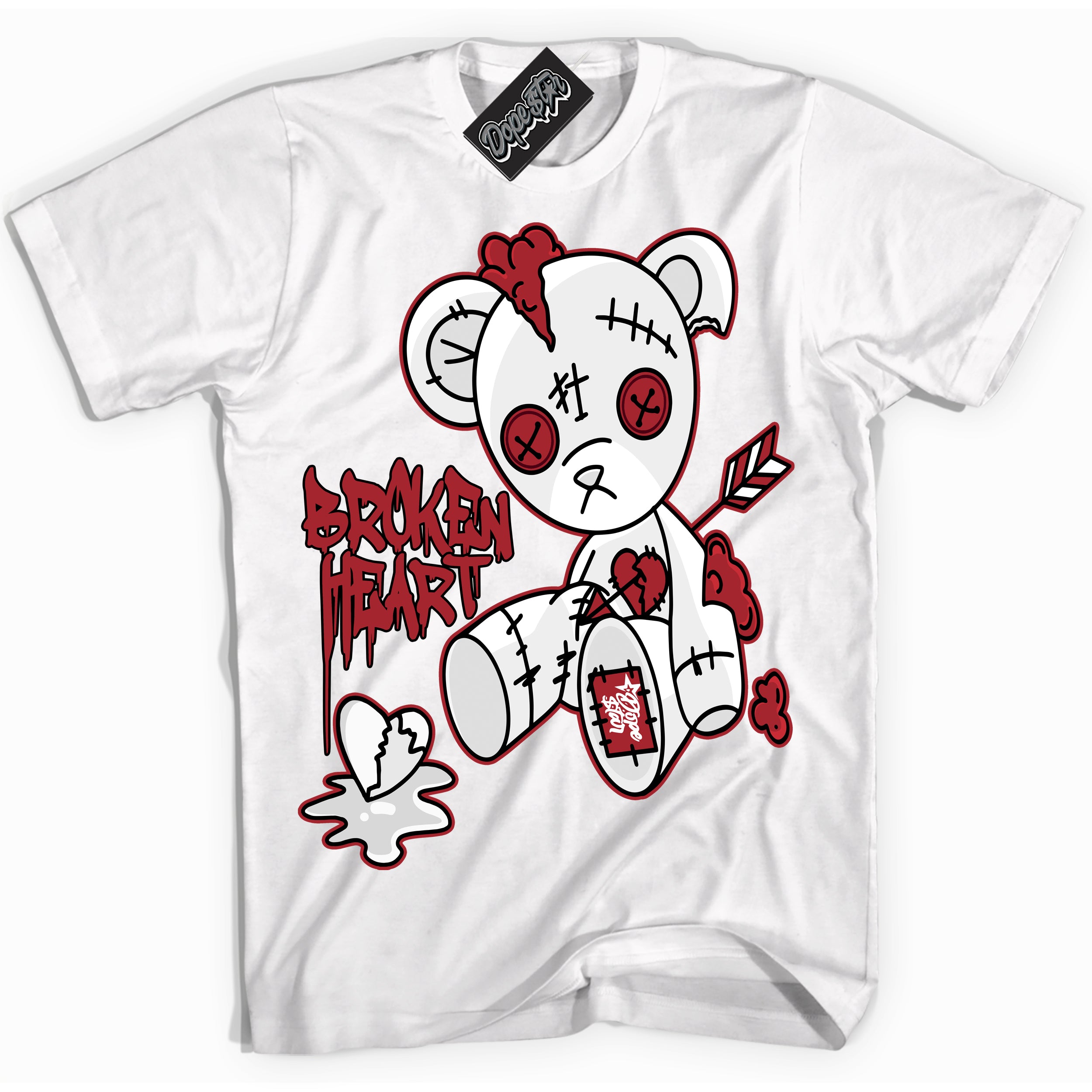 Dunk Low Black Toe Bright Crimson 'Broken Heart Bear' Shirt – White Streetwear T-Shirt | Sneaker Matching Tee for Dunk Low Black Toe Bright Crimson | Men's & Women's Streetwear Outfit by Sneaker Shirts Outlet.
