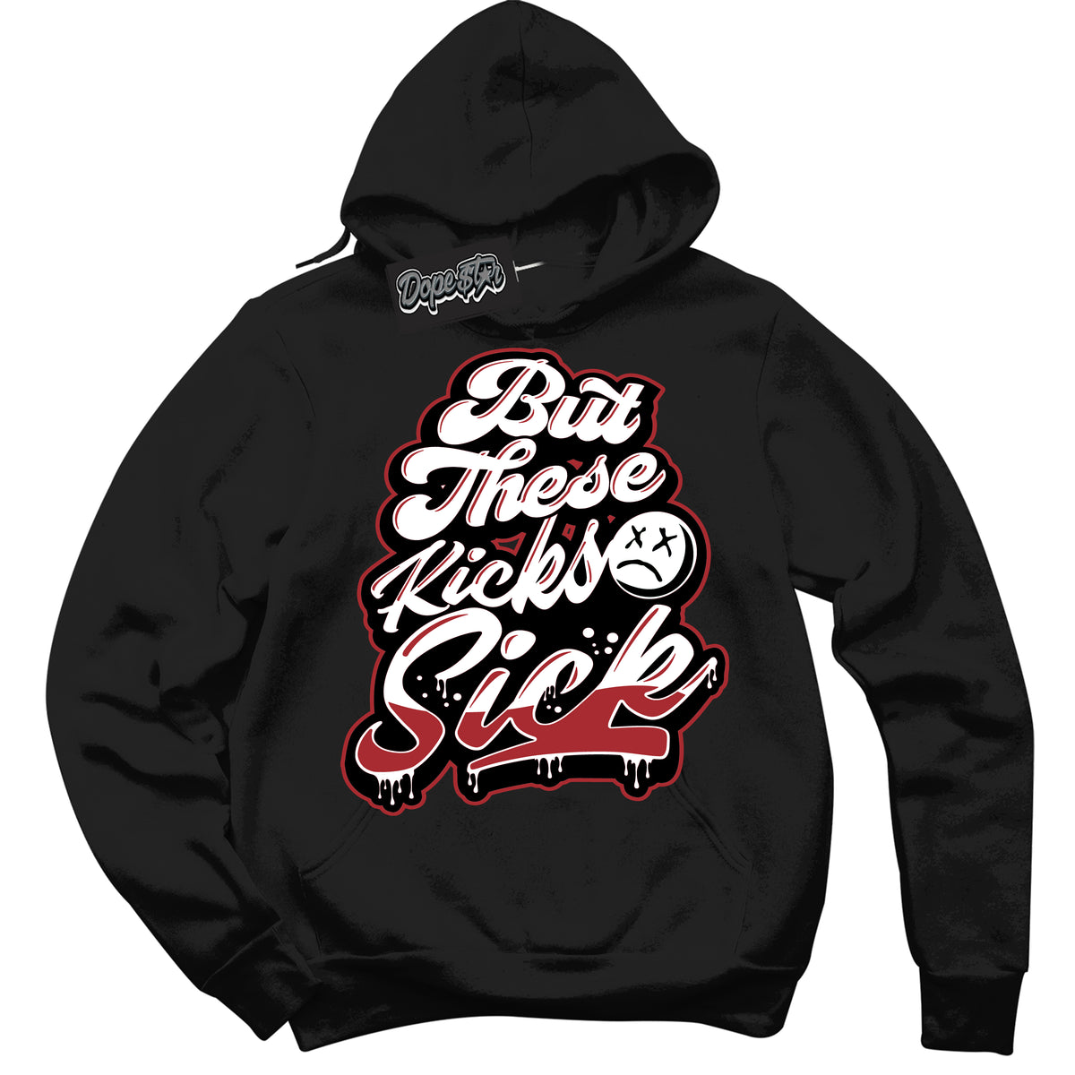 Dunk Low Black Toe Bright Crimson 'Kick Sick' Hoodie – Black Streetwear Sweatshirt | Sneaker Matching Hoodie for Dunk Low Black Toe Bright Crimson | Men's & Women's Streetwear Outfit by Sneaker Shirts Outlet.
