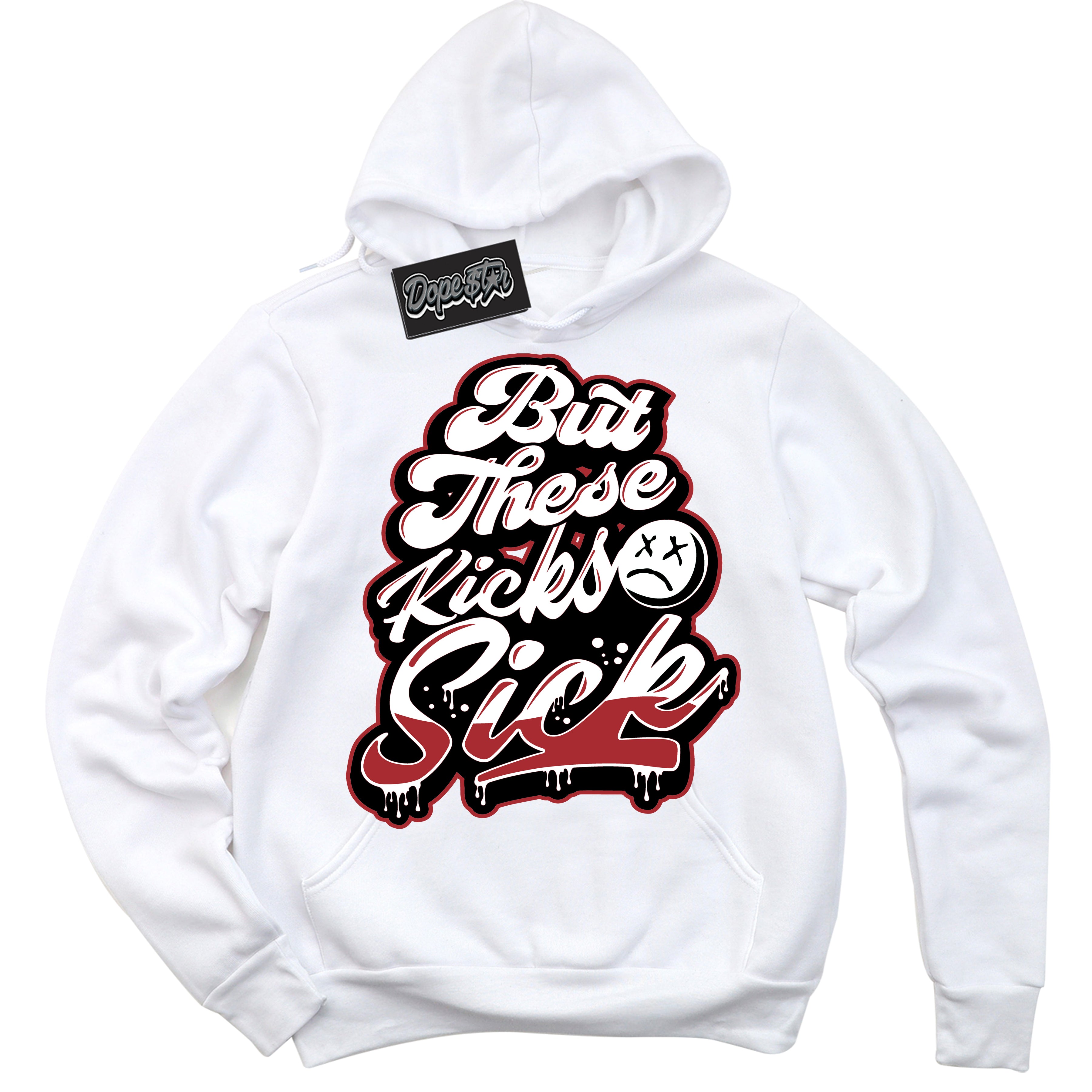Dunk Low Black Toe Bright Crimson 'Kick Sick' Hoodie – White Streetwear Sweatshirt | Sneaker Matching Hoodie for Dunk Low Black Toe Bright Crimson | Men's & Women's Streetwear Outfit by Sneaker Shirts Outlet.
