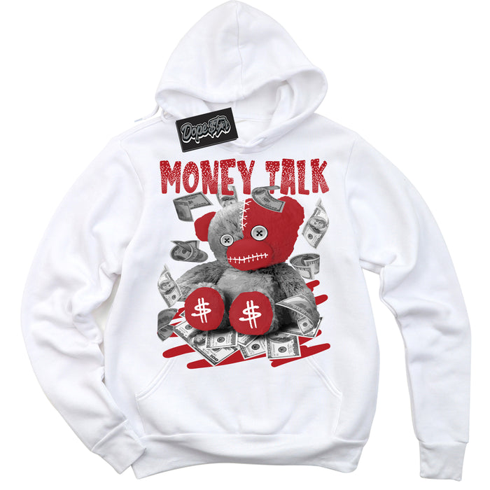 Dunk Low Black Toe Bright Crimson 'Money Talk Bear' Hoodie – White Streetwear Sweatshirt | Sneaker Matching Hoodie for Dunk Low Black Toe Bright Crimson | Men's & Women's Streetwear Outfit by Sneaker Shirts Outlet.
