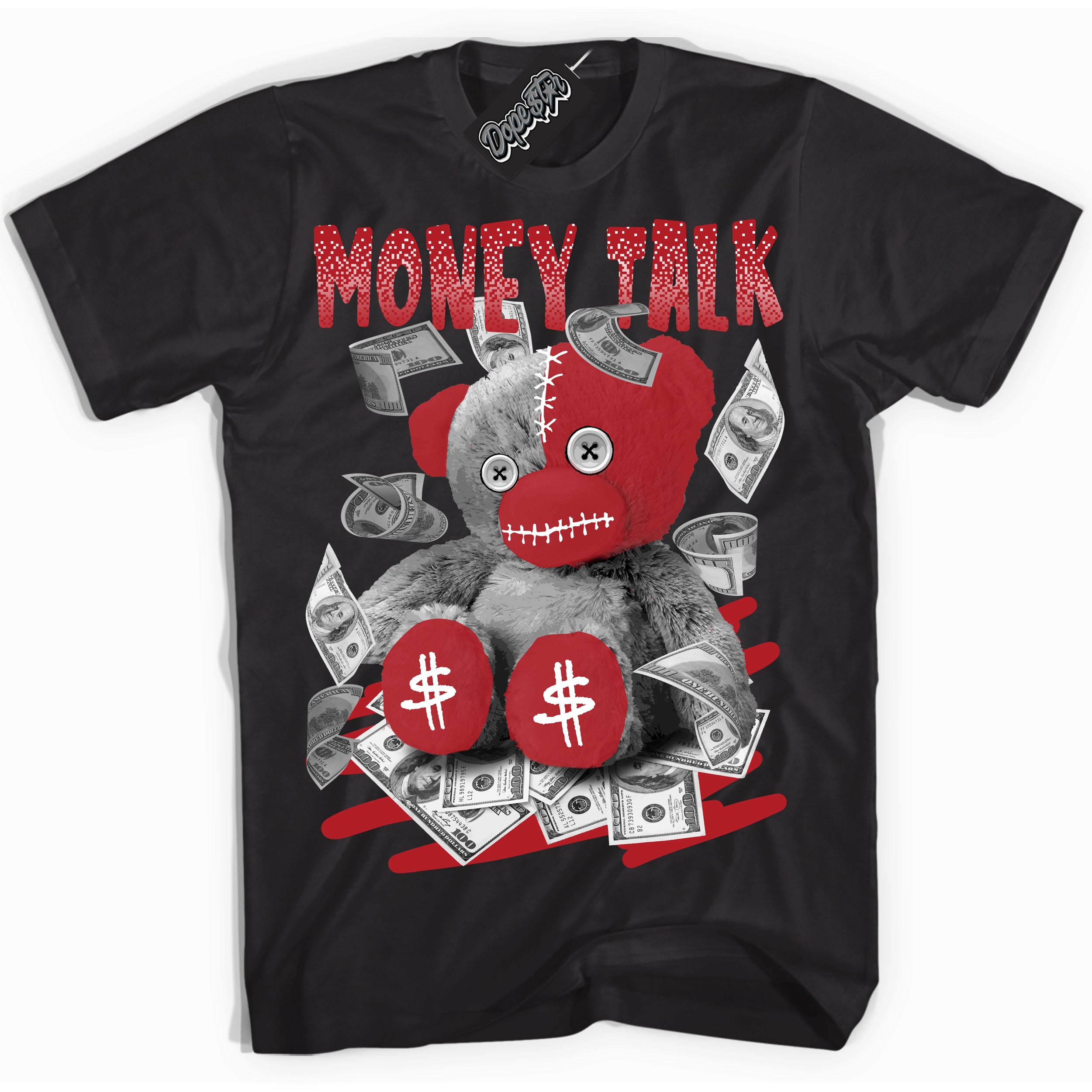 Dunk Low Black Toe Bright Crimson 'Money Talk Bear' Shirt – Black Streetwear T-Shirt | Sneaker Matching Tee for Dunk Low Black Toe Bright Crimson | Men's & Women's Streetwear Outfit by Sneaker Shirts Outlet.
