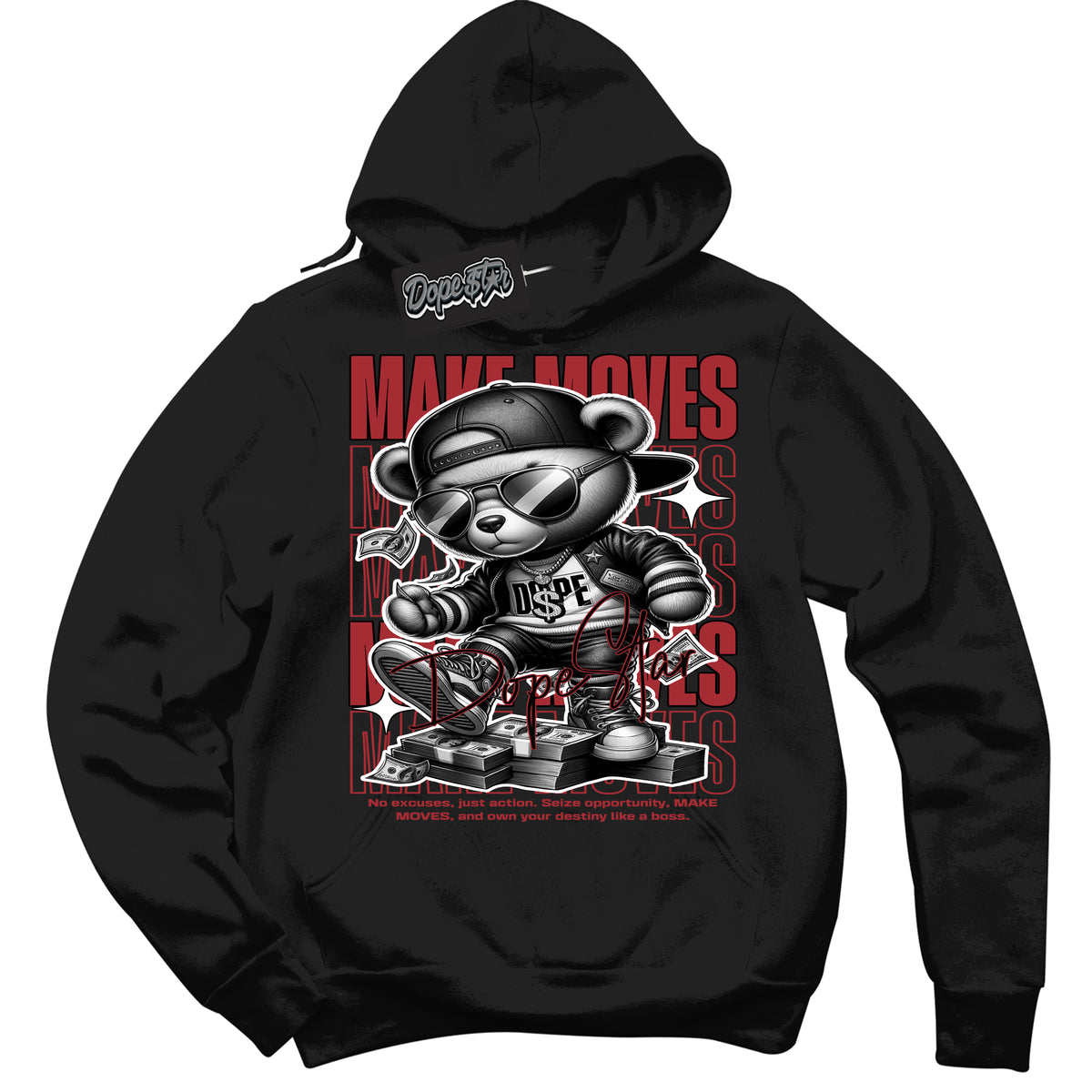 Dunk Low Black Toe Bright Crimson 'Make Moves' Hoodie – Black Streetwear Sweatshirt | Sneaker Matching Hoodie for Dunk Low Black Toe Bright Crimson | Men's & Women's Streetwear Outfit by Sneaker Shirts Outlet.
