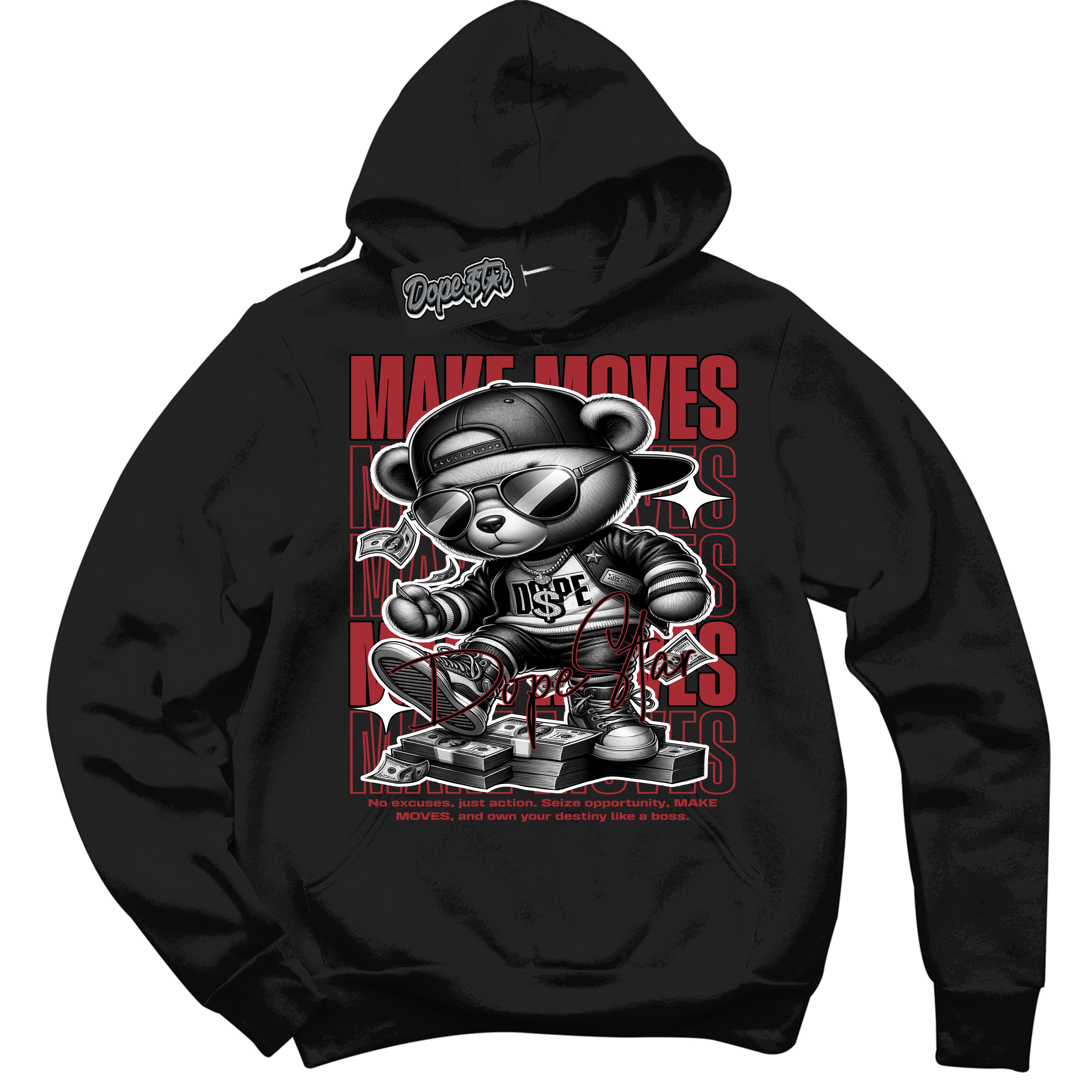 Dunk Low Black Toe Bright Crimson 'Make Moves' Hoodie – Black Streetwear Sweatshirt | Sneaker Matching Hoodie for Dunk Low Black Toe Bright Crimson | Men's & Women's Streetwear Outfit by Sneaker Shirts Outlet.
