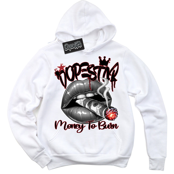 Dunk Low Black Toe Bright Crimson 'Money To Burn' Hoodie – White Streetwear Sweatshirt | Sneaker Matching Hoodie for Dunk Low Black Toe Bright Crimson | Men's & Women's Streetwear Outfit by Sneaker Shirts Outlet.
