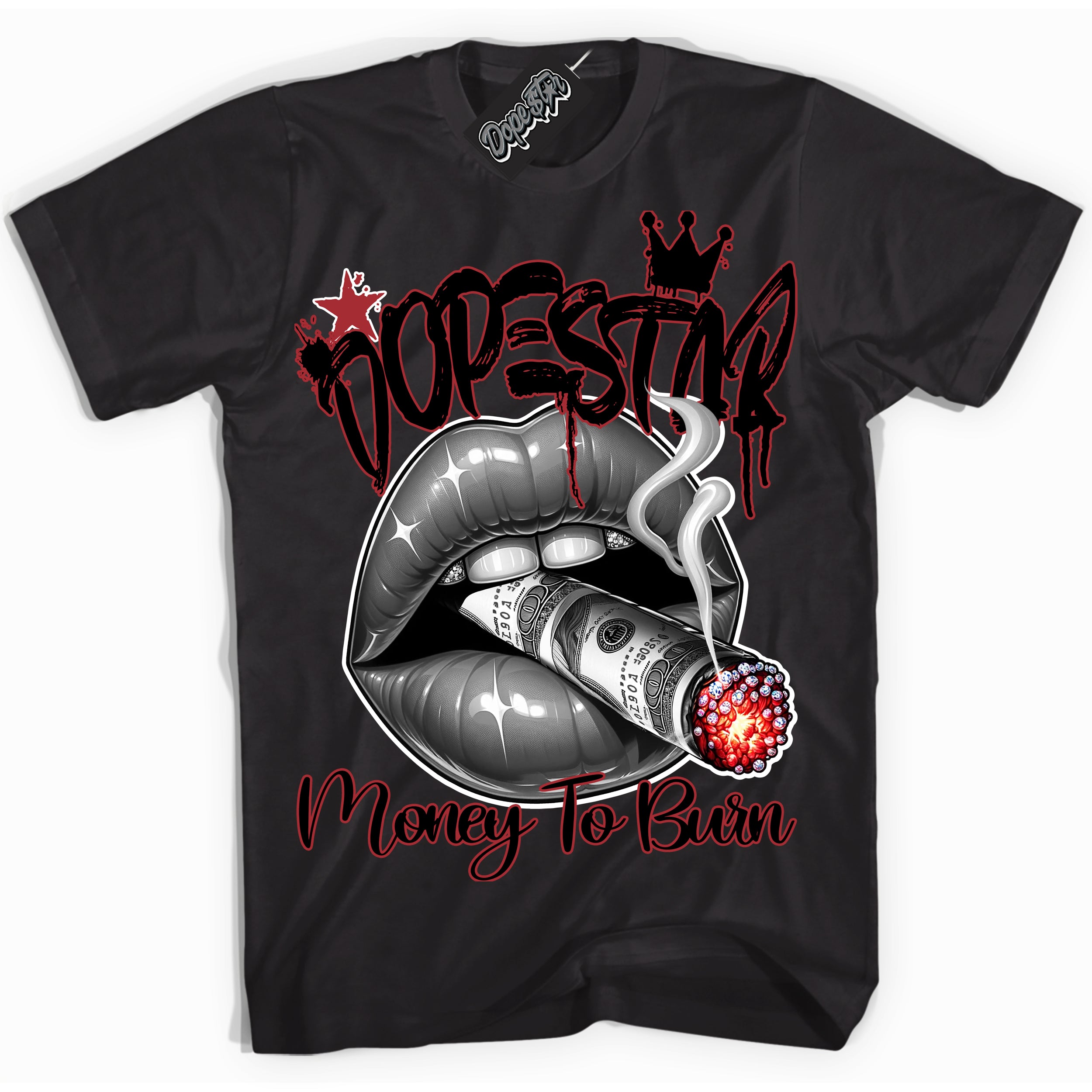 Dunk Low Black Toe Bright Crimson 'Money To Burn' Shirt – Black Streetwear T-Shirt | Sneaker Matching Tee for Dunk Low Black Toe Bright Crimson | Men's & Women's Streetwear Outfit by Sneaker Shirts Outlet.
