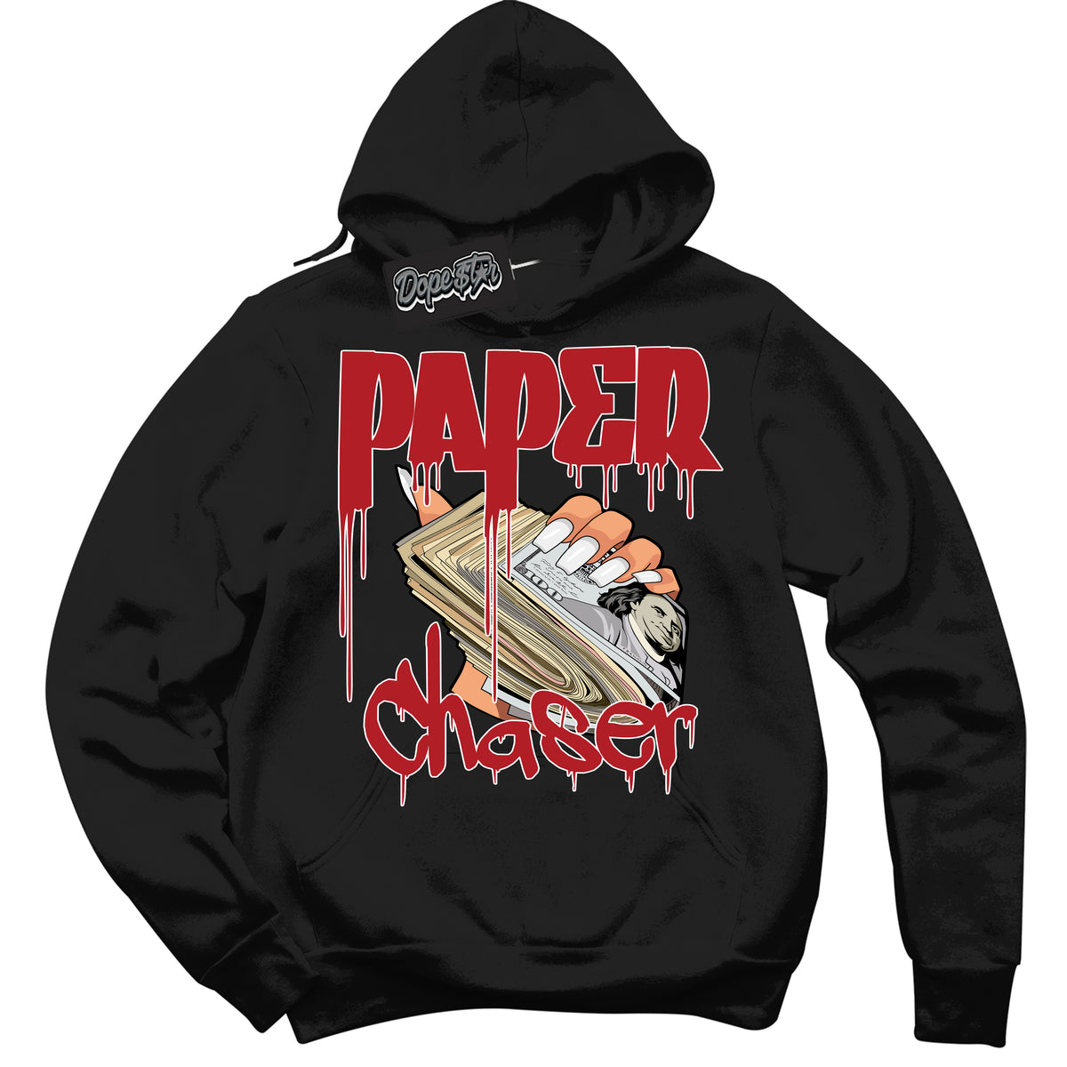 Dunk Low Black Toe Bright Crimson 'Paper Chaser' Hoodie – Black Streetwear Sweatshirt | Sneaker Matching Hoodie for Dunk Low Black Toe Bright Crimson | Men's & Women's Streetwear Outfit by Sneaker Shirts Outlet.
