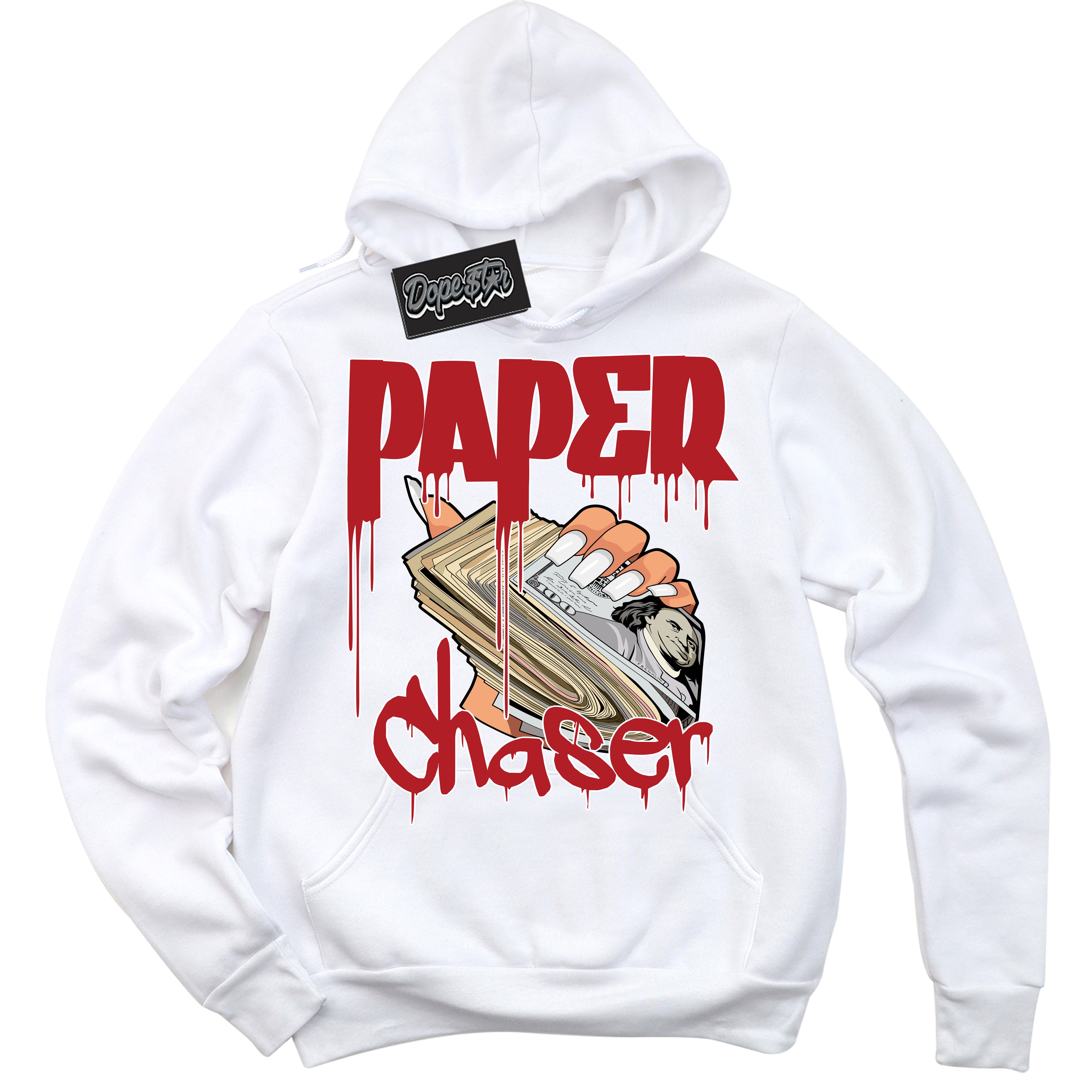 Dunk Low Black Toe Bright Crimson 'Paper Chaser' Hoodie – White Streetwear Sweatshirt | Sneaker Matching Hoodie for Dunk Low Black Toe Bright Crimson | Men's & Women's Streetwear Outfit by Sneaker Shirts Outlet.
