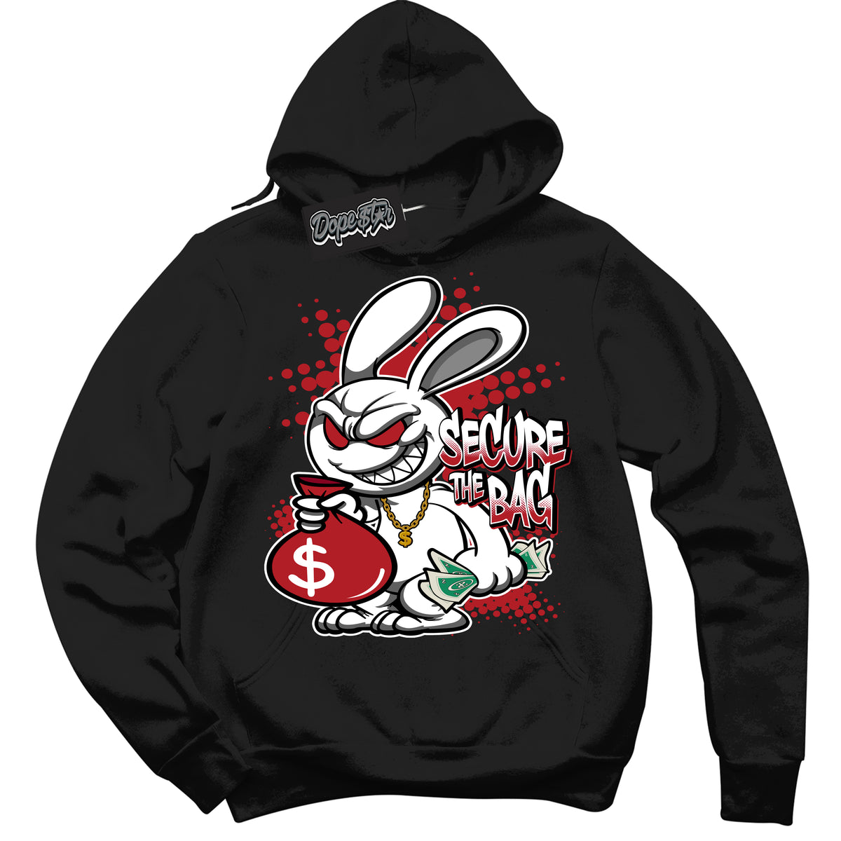 Dunk Low Black Toe Bright Crimson 'Secure The Bag' Hoodie – Black Streetwear Sweatshirt | Sneaker Matching Hoodie for Dunk Low Black Toe Bright Crimson | Men's & Women's Streetwear Outfit by Sneaker Shirts Outlet.