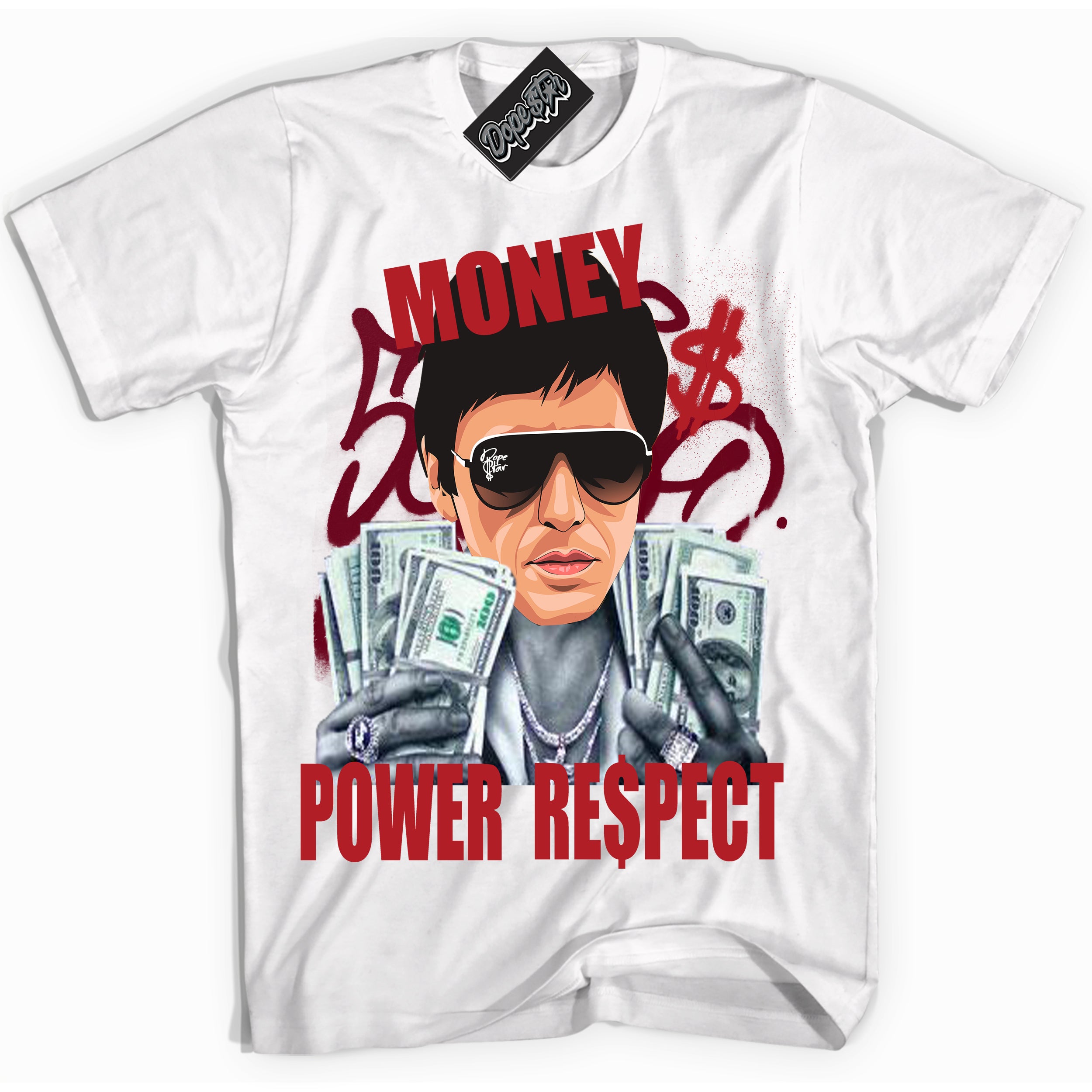 Dunk Low Black Toe Bright Crimson 'Tony Montana' Shirt – White Streetwear T-Shirt | Sneaker Matching Tee for Dunk Low Black Toe Bright Crimson | Men's & Women's Streetwear Outfit by Sneaker Shirts Outlet.
