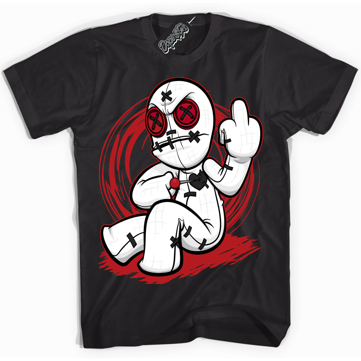 Dunk Low Black Toe Bright Crimson 'Voodoo Doll' Shirt – Black Streetwear T-Shirt | Sneaker Matching Tee for Dunk Low Black Toe Bright Crimson | Men's & Women's Streetwear Outfit by Sneaker Shirts Outlet.

