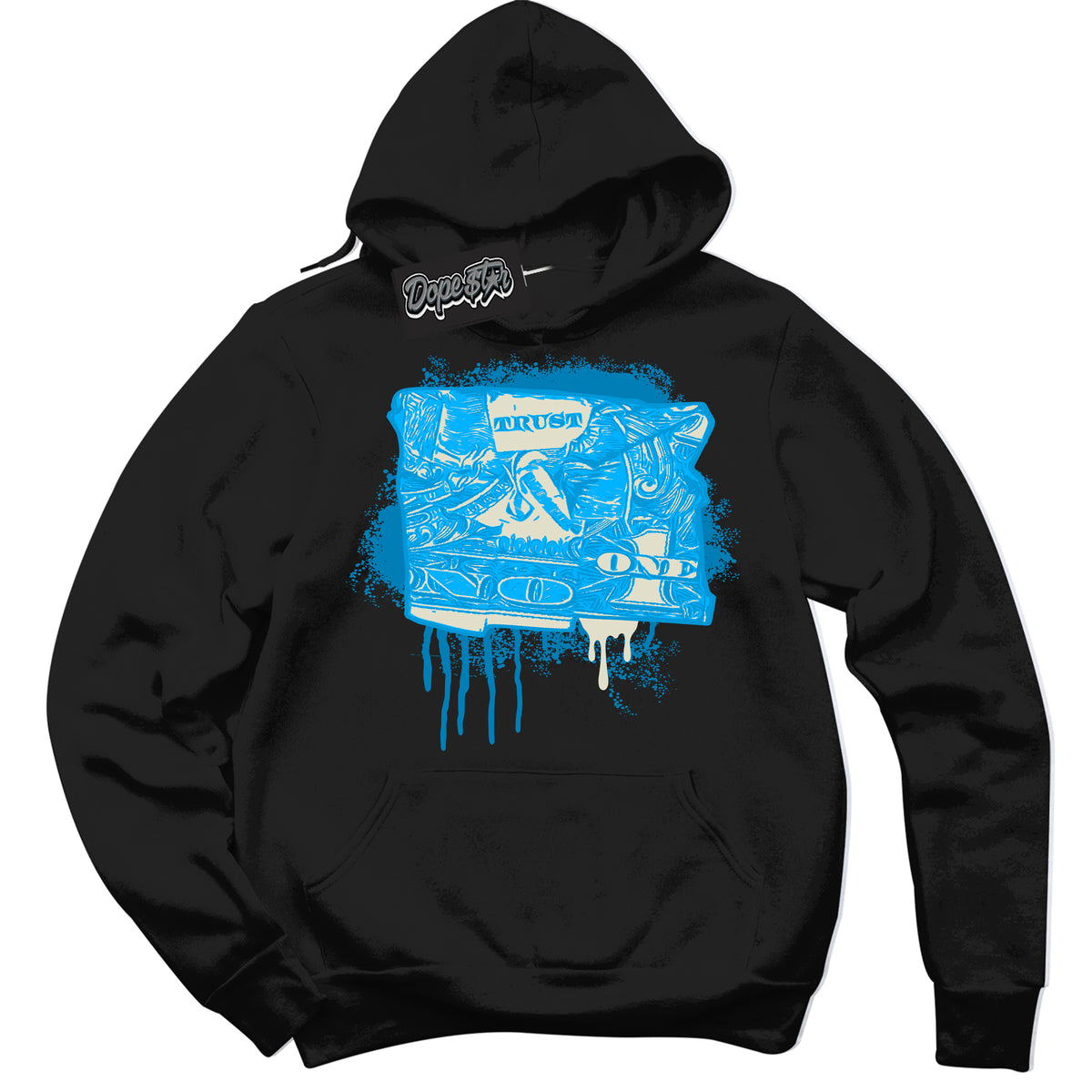 Dunk Low Coconut Milk University Blue 'Trust No One Dollar' Hoodie – Black Streetwear Sweatshirt | Sneaker Matching Hoodie for Dunk Low Coconut Milk University Blue | Urban Fashion for Trust No One Dollars | Men's & Women's Streetwear Outfit by Sneaker Shirts Outlet.