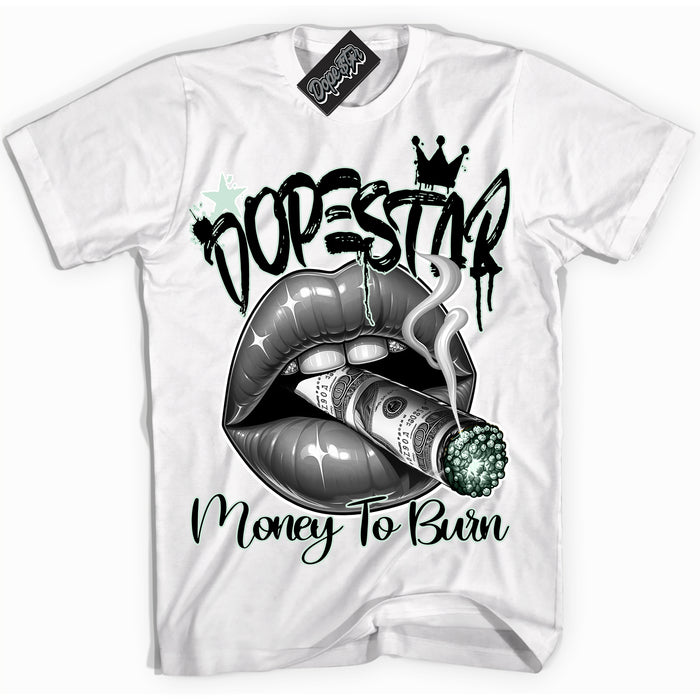 Cool White Shirt with “ Money To Burn” design that perfectly matches Dark Smoke Grey Barely Green Sneakers.