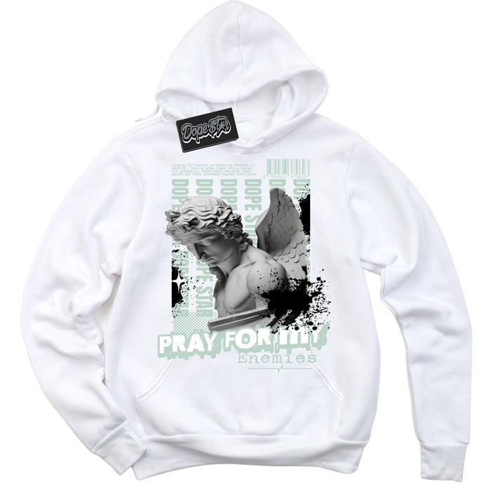 Cool White Hoodie with “ Pray Enemies ”  design that Perfectly Matches Dark Smoke Grey Barely Green Sneakers.