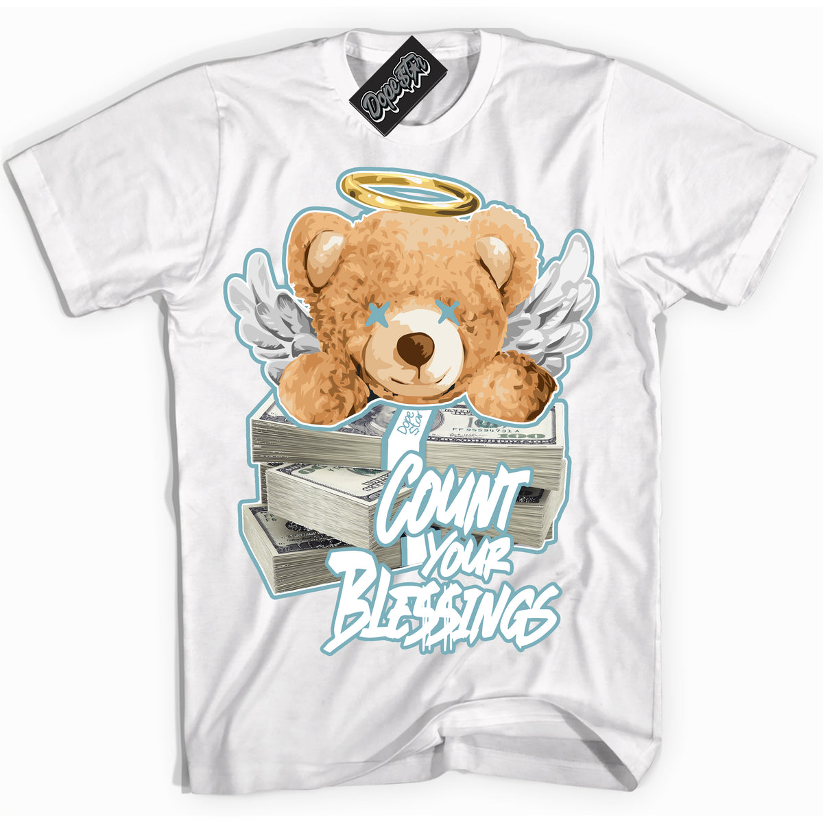 Cool White Shirt with “Count Your Blessings” design that perfectly matches Denim Turquoise Dunk.