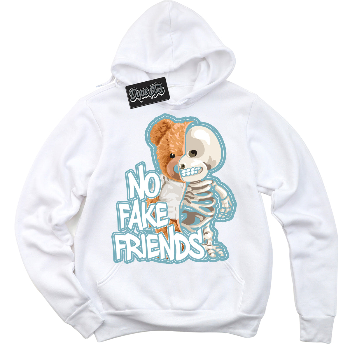 Cool White Hoodie with “No Fake Friends” design that Perfectly Matches Denim Turquoise Dunk.