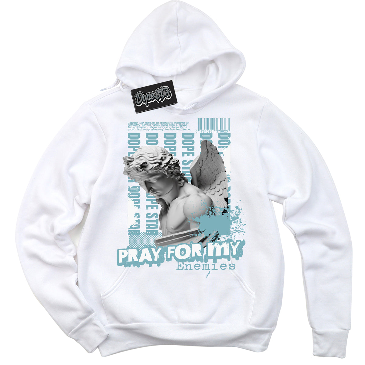 Cool White Hoodie with “Pray Enemies” design that Perfectly Matches Denim Turquoise Dunk.
