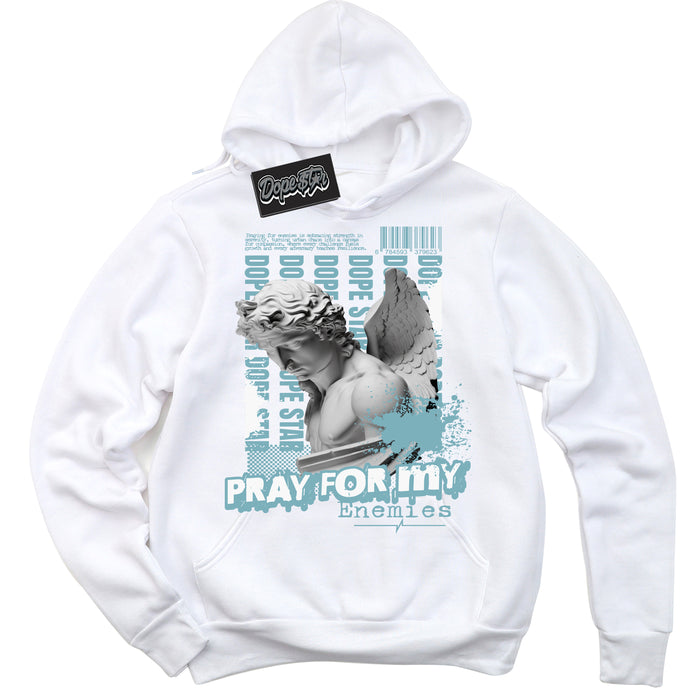 Cool White Hoodie with “Pray Enemies” design that Perfectly Matches Denim Turquoise Dunk.