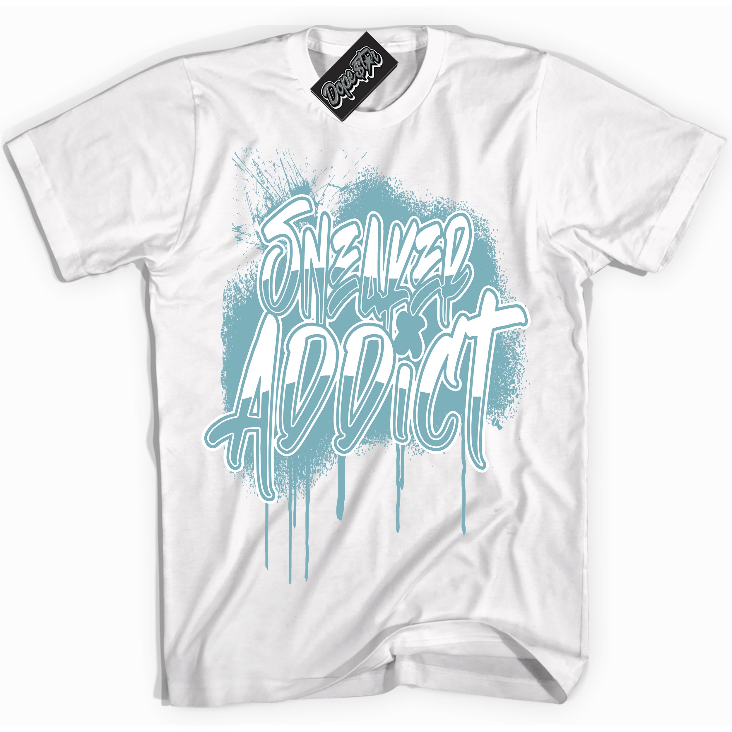 Cool White Shirt with “Sneaker Addict” design that perfectly matches Denim Turquoise Dunk.