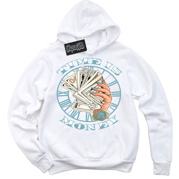 Cool White Hoodie with “Time Is Money” design that Perfectly Matches Denim Turquoise Dunk.