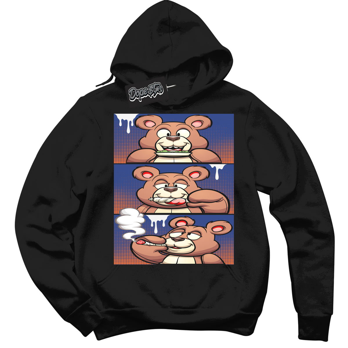 Cool Black Hoodie with “ Roll It Lick It Smoke It Bear ”  design that Perfectly Matches Low Knicks.