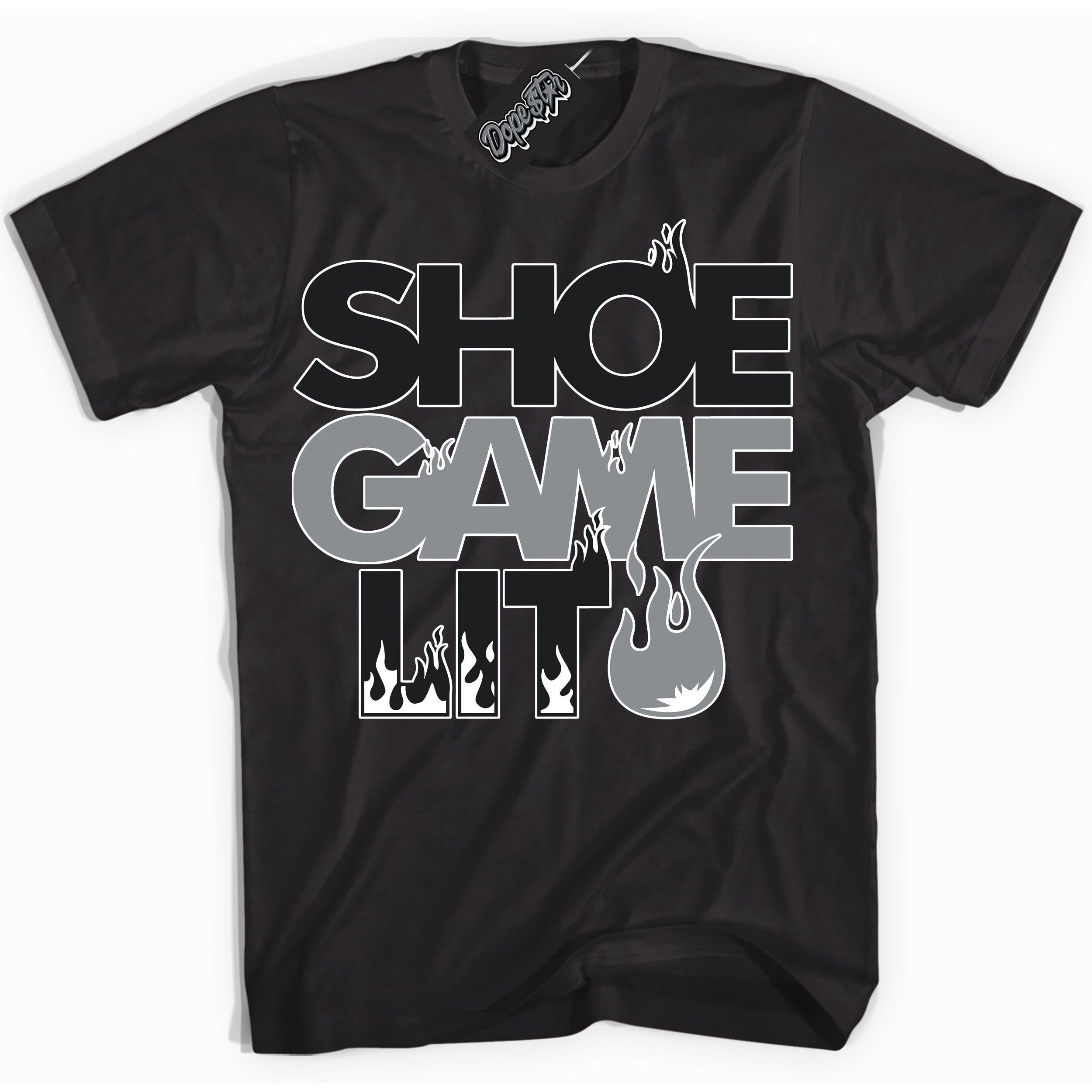 Cool Black Shirt with “ Shoe Game Lit ” design that perfectly matches Lottery Pack Grey Fog Sneakers.