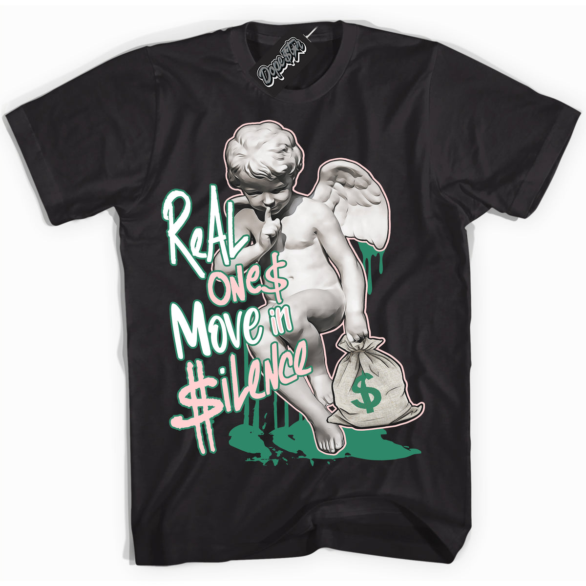 Cool Black Shirt with “ Real Ones Cherub ” design that perfectly matches Malachite Dunks.
