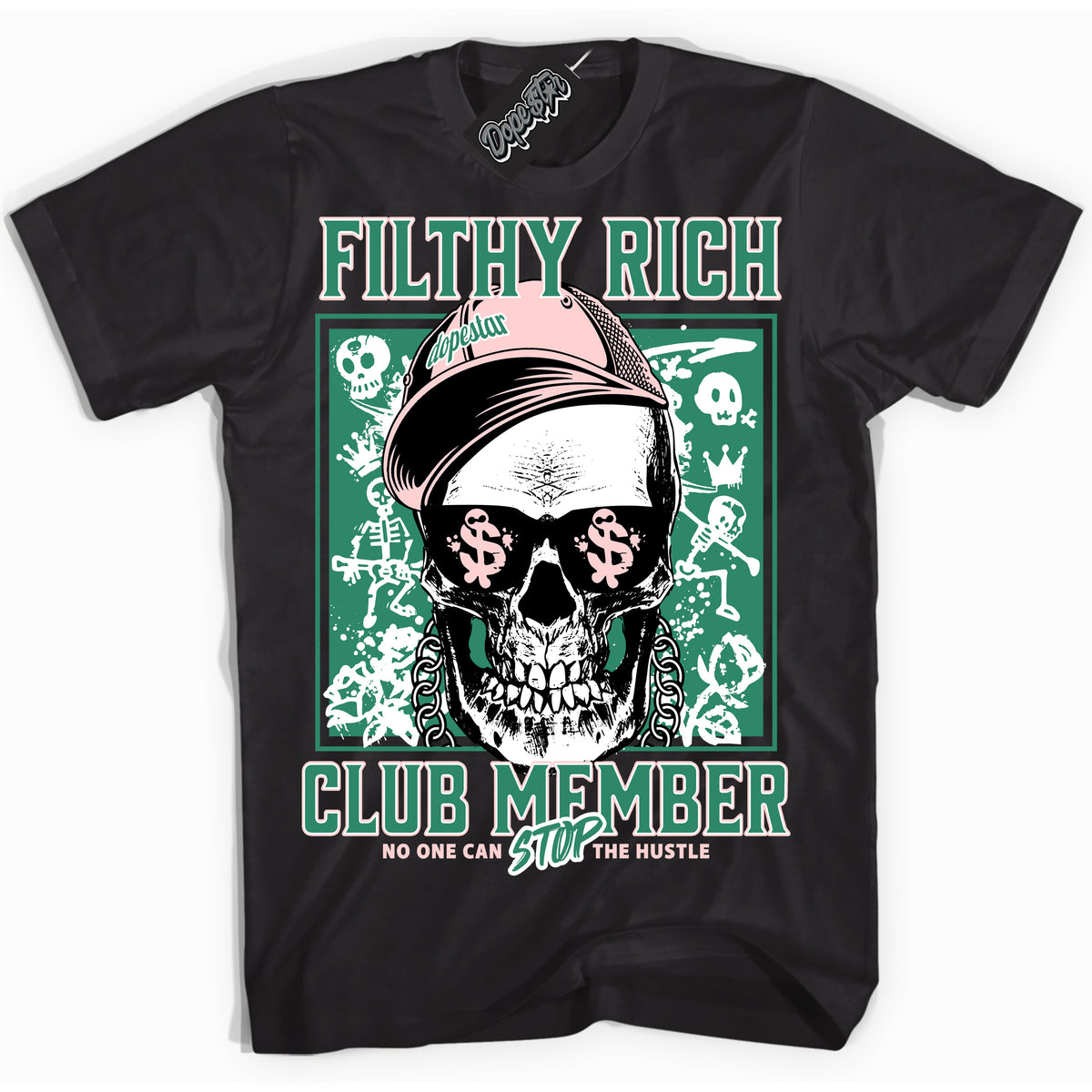 Cool Black Shirt with “ Filthy Rich” design that perfectly matches Malachite Dunk Sneakers.