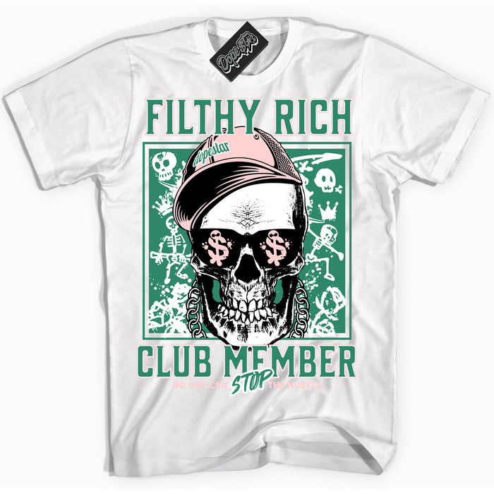 Cool White Shirt with “ Filthy Rich” design that perfectly matches Malachite Dunk Sneakers.