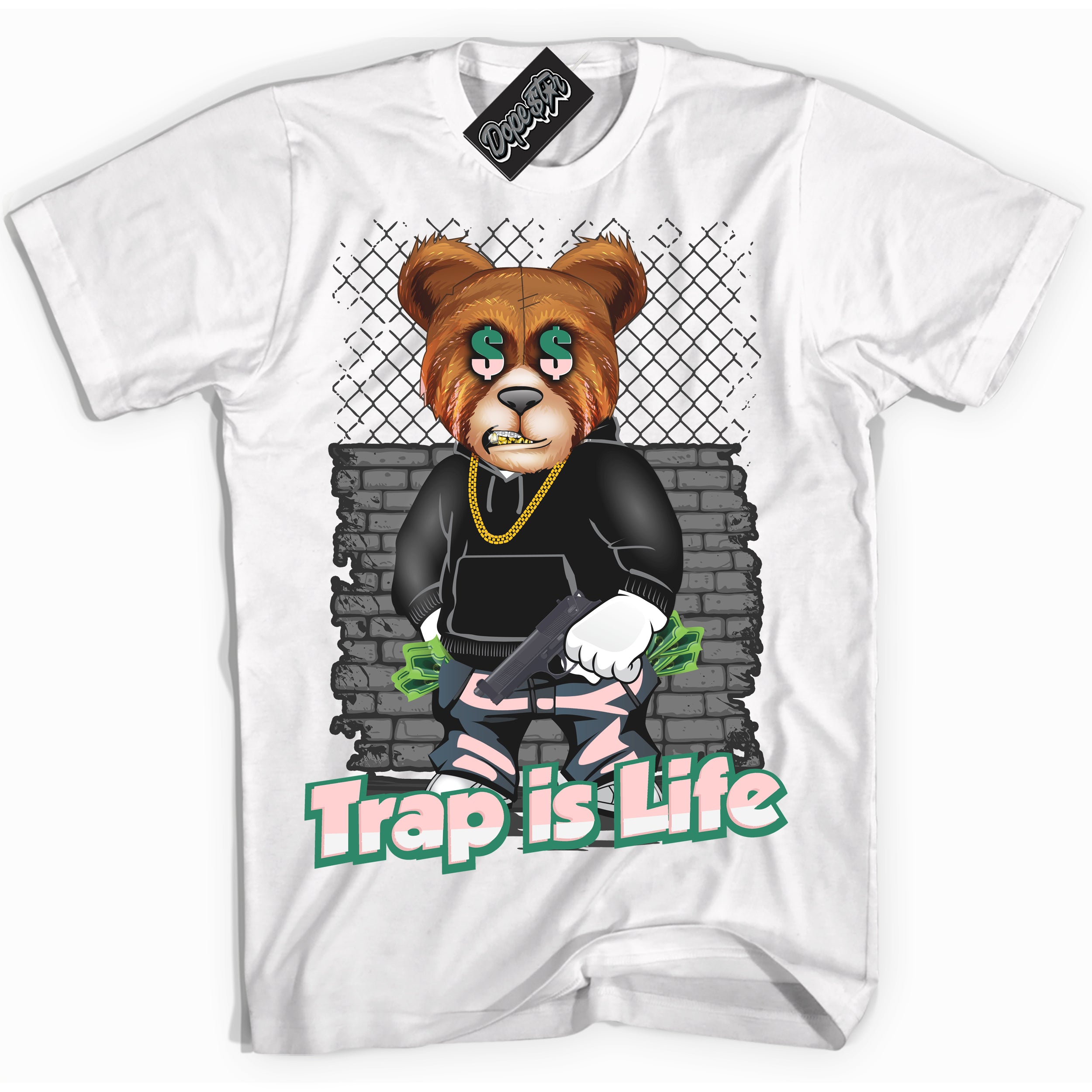 Cool White Shirt with “ Trap Is Life ” design that perfectly matches Malachite Dunks Dunks.
