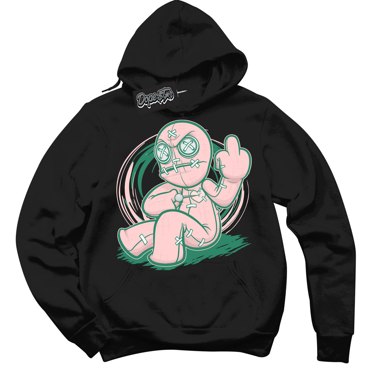 Cool Black Hoodie with “ Voodoo Doll ”  design that Perfectly Matches Malachite Dunks Dunks.