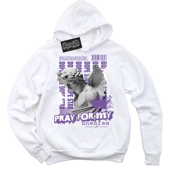 Cool White Hoodie with “Pray Enemies” design that Perfectly Matches Next Nature Black Raspberry.