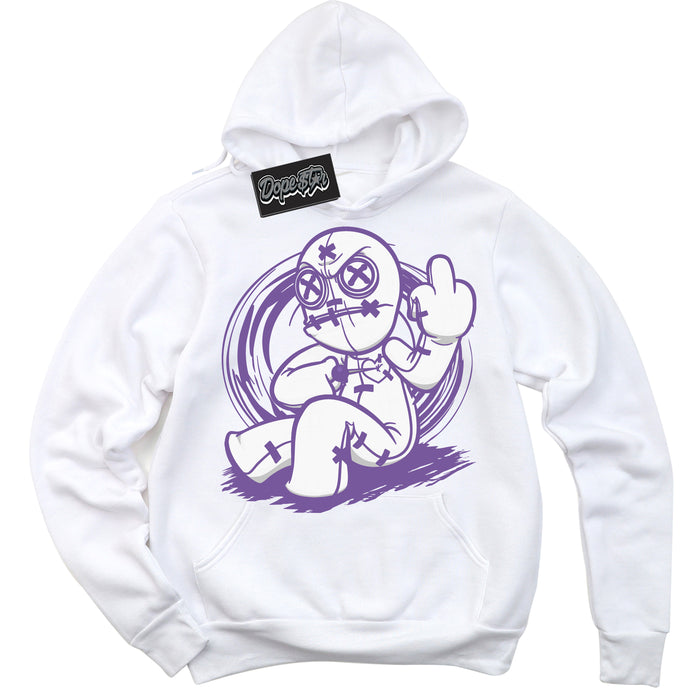 Cool White Hoodie with “Voodoo Doll” design that Perfectly Matches Next Nature Black Raspberry.