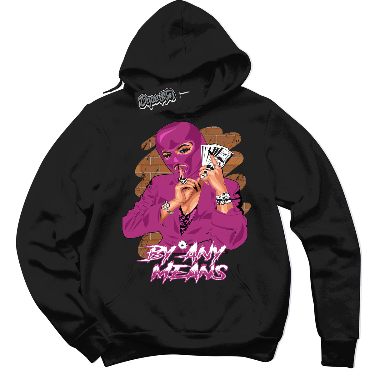 Dunk Low Next Nature Hot Fuchsia 'By Any Means' Hoodie – Black Streetwear Sweatshirt | Sneaker Matching Hoodie for Dunk Low Hot Fuchsia | Urban Fashion for Sneakerheads | Men's & Women's Streetwear Outfit by Sneaker Shirts Outlet.