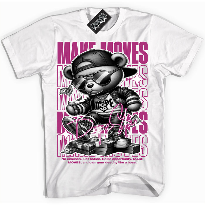 Dunk Low Next Nature Hot Fuchsia Dunk 'Make Moves' Shirt - White Streetwear Mockup | Sneakerhead T-Shirt Matching Dunk Low Next Nature Hot Fuchsia Dunk | Make Moves Urban Streetwear for Sneaker Matching OOTD | Outfits that pair perfectly with your ND Low Next Nature Hot Fuchsia Dunk | Sneakerhead Fashion Must-Have Apparel for Men and Women.