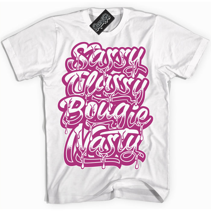 Dunk Low Next Nature Hot Fuchsia Dunk 'Sassy Classy' Shirt - White Streetwear Mockup | Sneakerhead T-Shirt Matching Dunk Low Next Nature Hot Fuchsia Dunk | Sassy Classy Urban Streetwear for Sneaker Matching OOTD | Outfits that pair perfectly with your ND Low Next Nature Hot Fuchsia Dunk | Sneakerhead Fashion Must-Have Apparel for Men and Women.