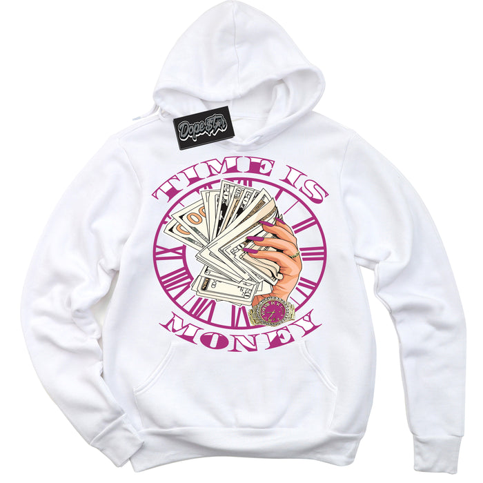Dunk Low Next Nature Hot Fuchsia 'Time Is Money' Hoodie – White Streetwear Sweatshirt | Sneaker Matching Hoodie for Dunk Low Hot Fuchsia | Urban Fashion for Sneakerheads | Men's & Women's Streetwear Outfit by Sneaker Shirts Outlet.