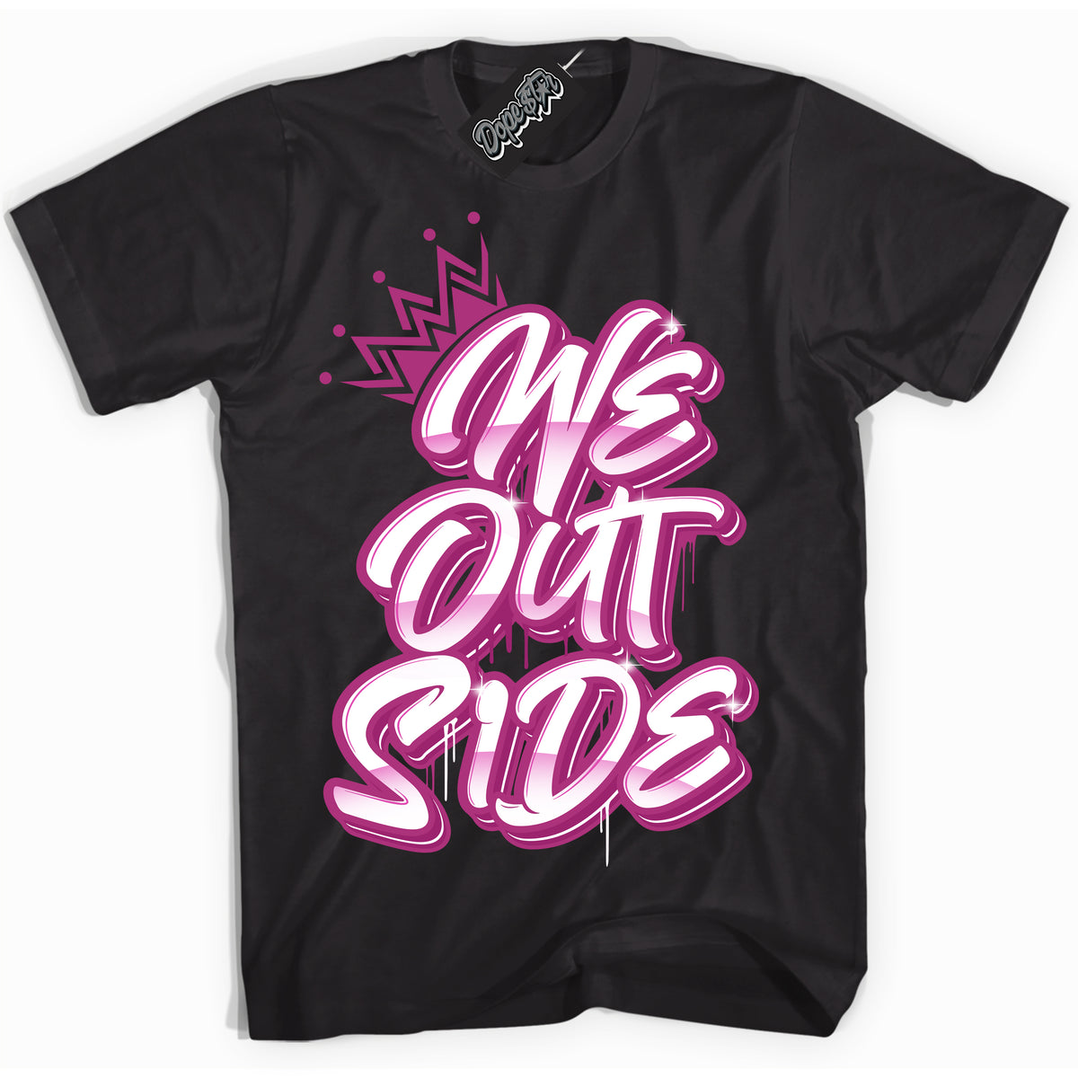 Dunk Low Next Nature Hot Fuchsia Dunk 'We Outside' Shirt - Black Streetwear Mockup | Sneakerhead T-Shirt Matching Dunk Low Next Nature Hot Fuchsia Dunk | We Outside Urban Streetwear for Sneaker Matching OOTD | Outfits that pair perfectly with your ND Low Next Nature Hot Fuchsia Dunk | Sneakerhead Fashion Must-Have Apparel for Men and Women.
