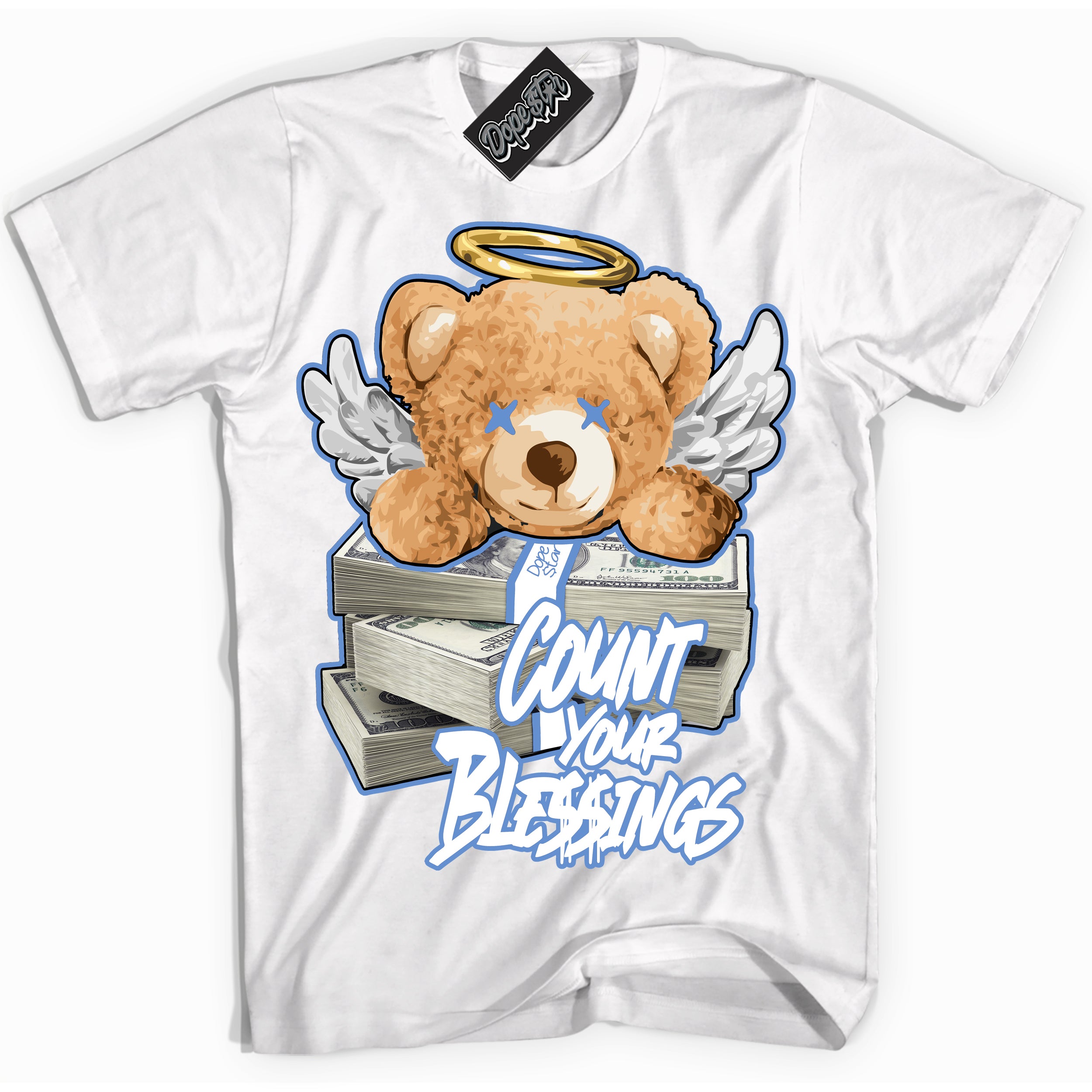 Cool White Shirt with “ Count Your Blessings ” design that perfectly matches Polar Blue Dunk.
