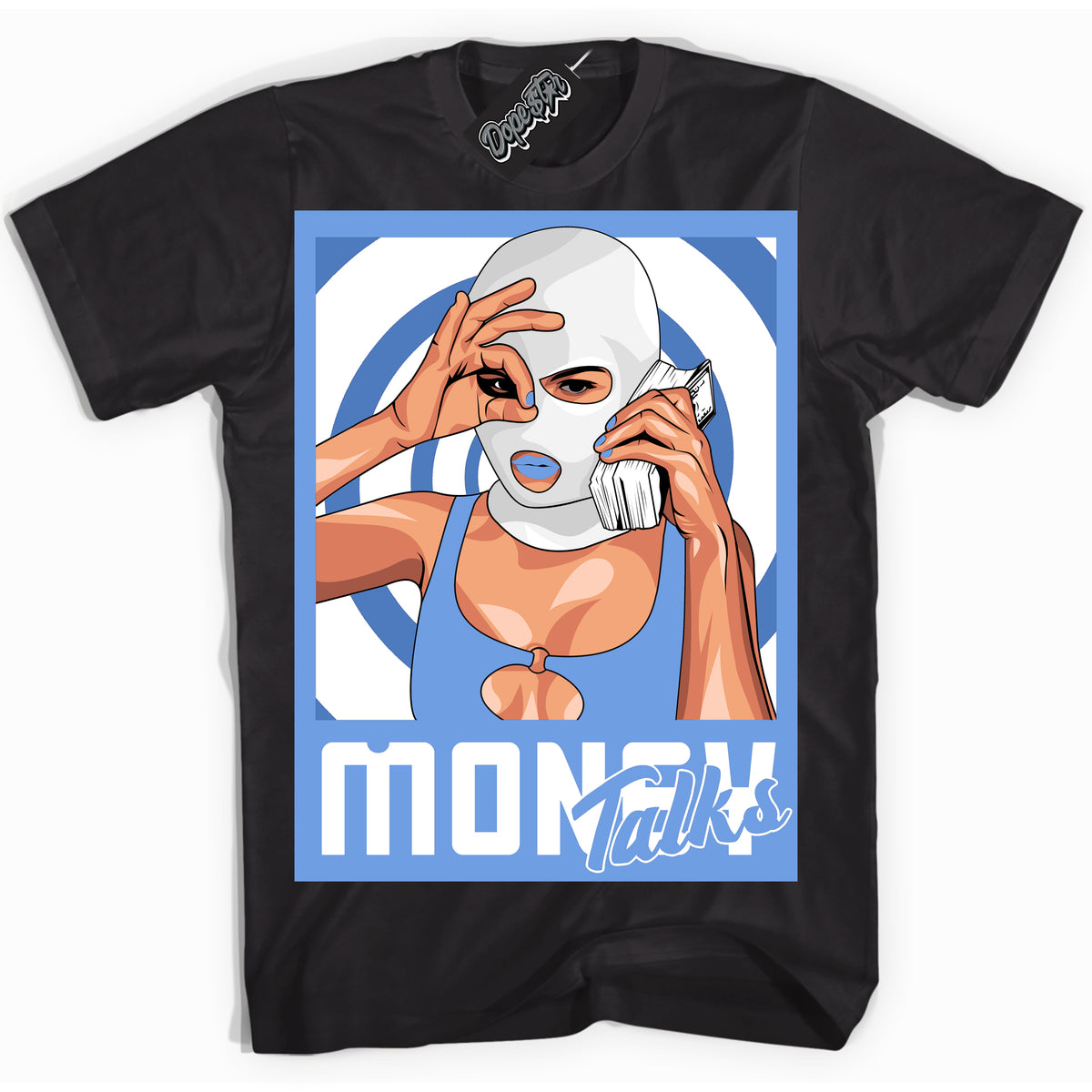 Cool Black Shirt with “ Money Talks ” design that perfectly matches Polar Blue Dunk.
