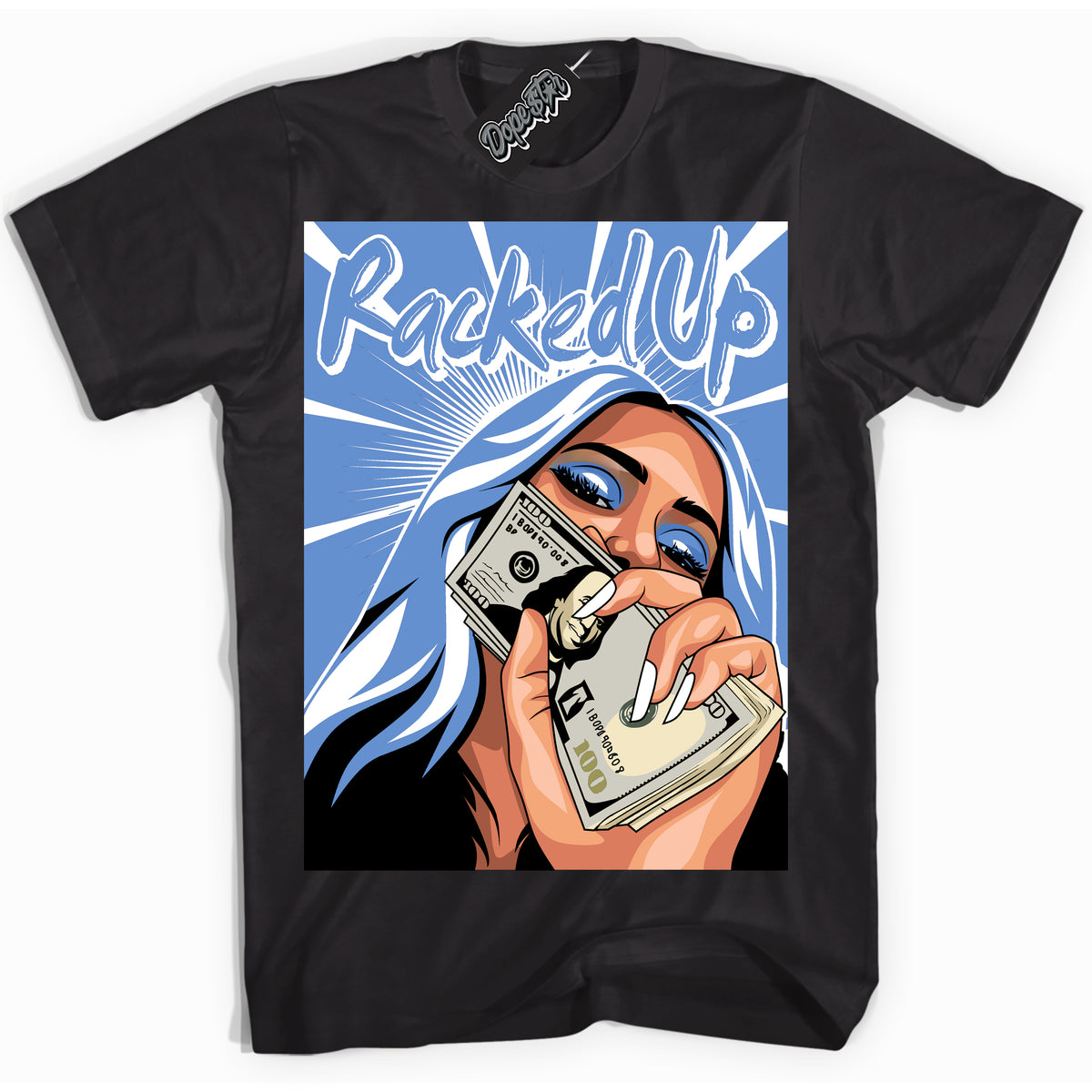 Cool Black Shirt with “ Racked Up ” design that perfectly matches Polar Blue Dunk.
