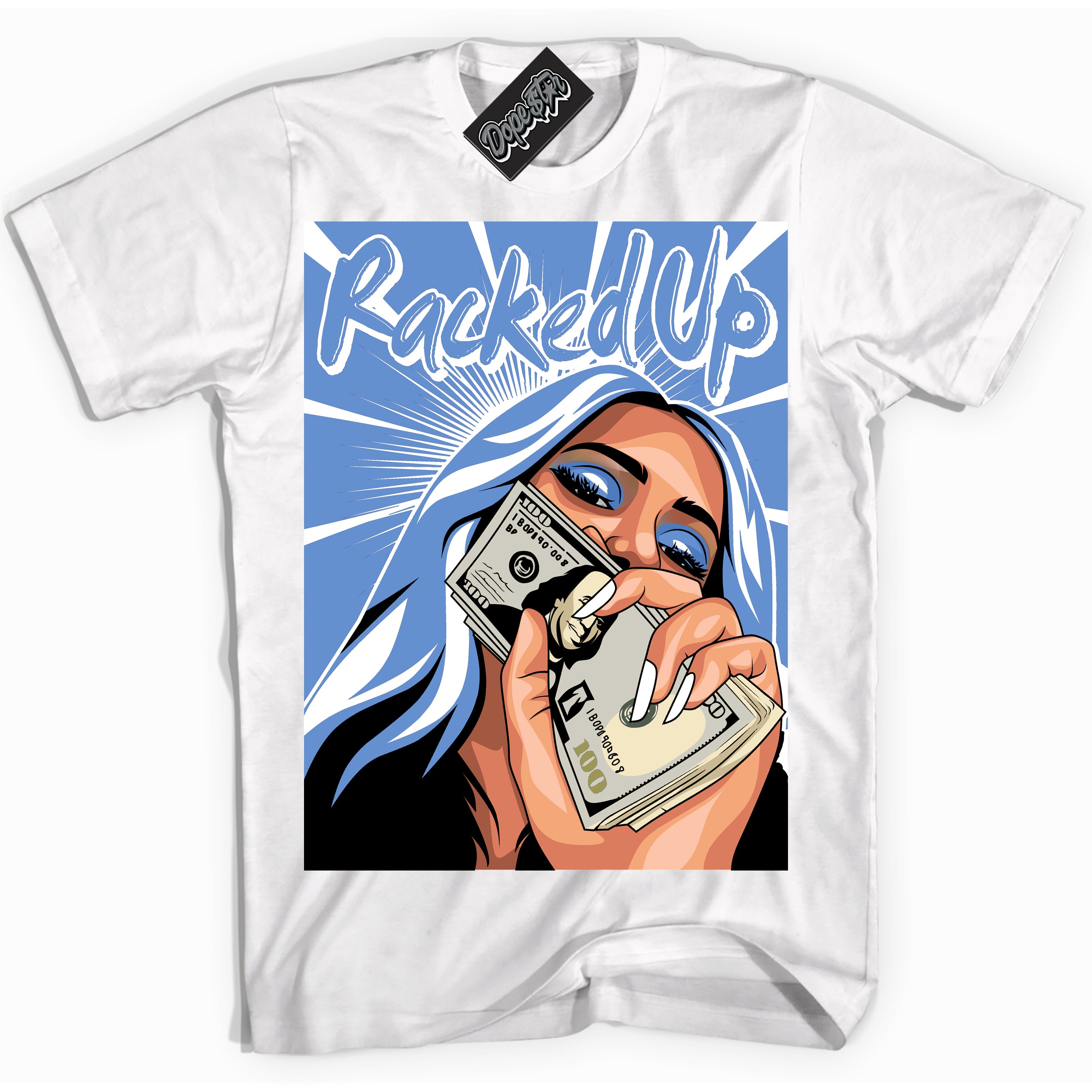 Cool White Shirt with “ Racked Up ” design that perfectly matches Polar Blue Dunk.
