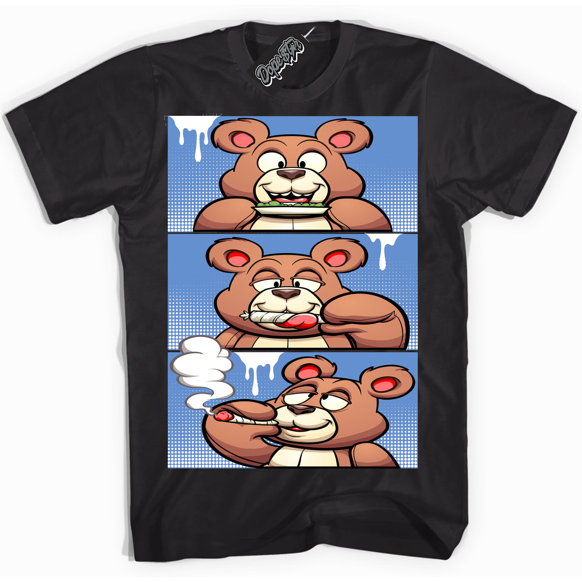 Cool Black Shirt with “ Roll It Lick It Smoke It Bear ” design that perfectly matches Polar Blue Dunk.
