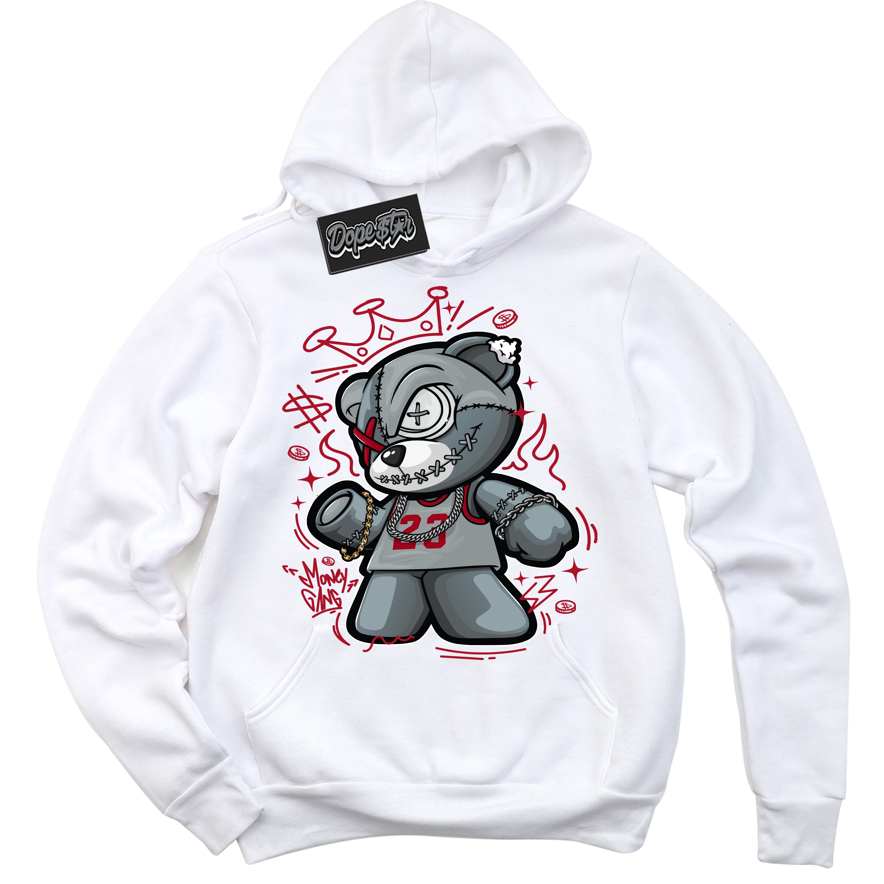 Cool White Hoodie with “ Money Gang Bear ”  design that Perfectly Matches  Reverse Ultraman Sneakers.