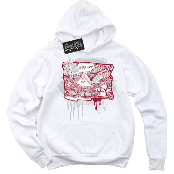 Cool White Hoodie with “ Trust No One Dollar ”  design that Perfectly Matches  Reverse Ultraman Sneakers.