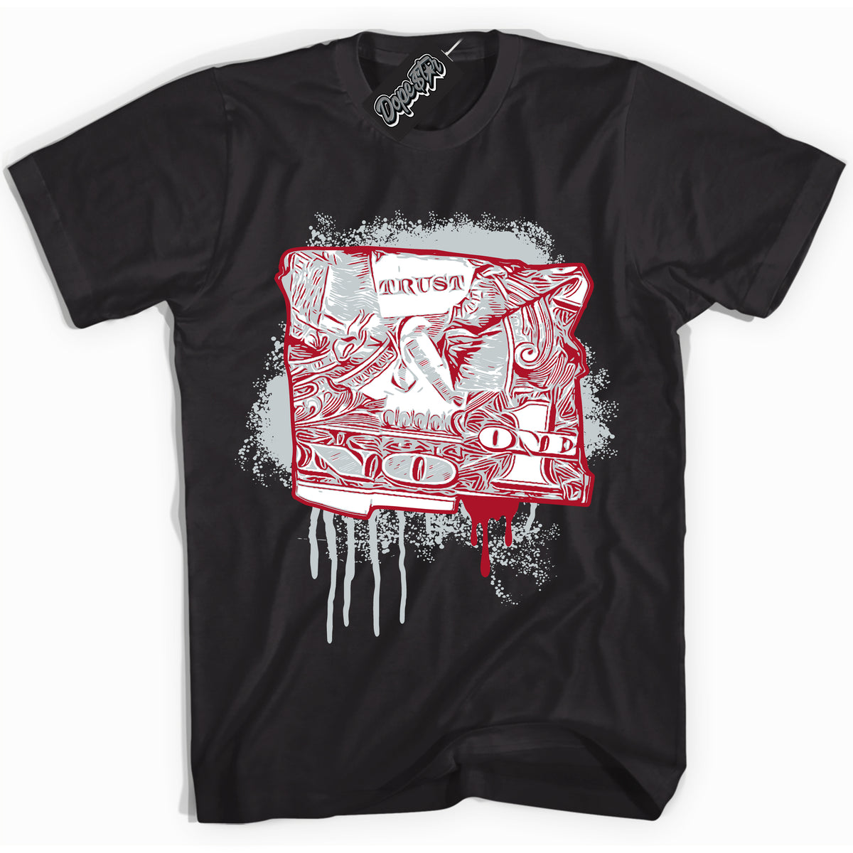 Cool Black Shirt with “ Trust No One Dollar” design that perfectly matches Reverse Ultraman Sneakers.