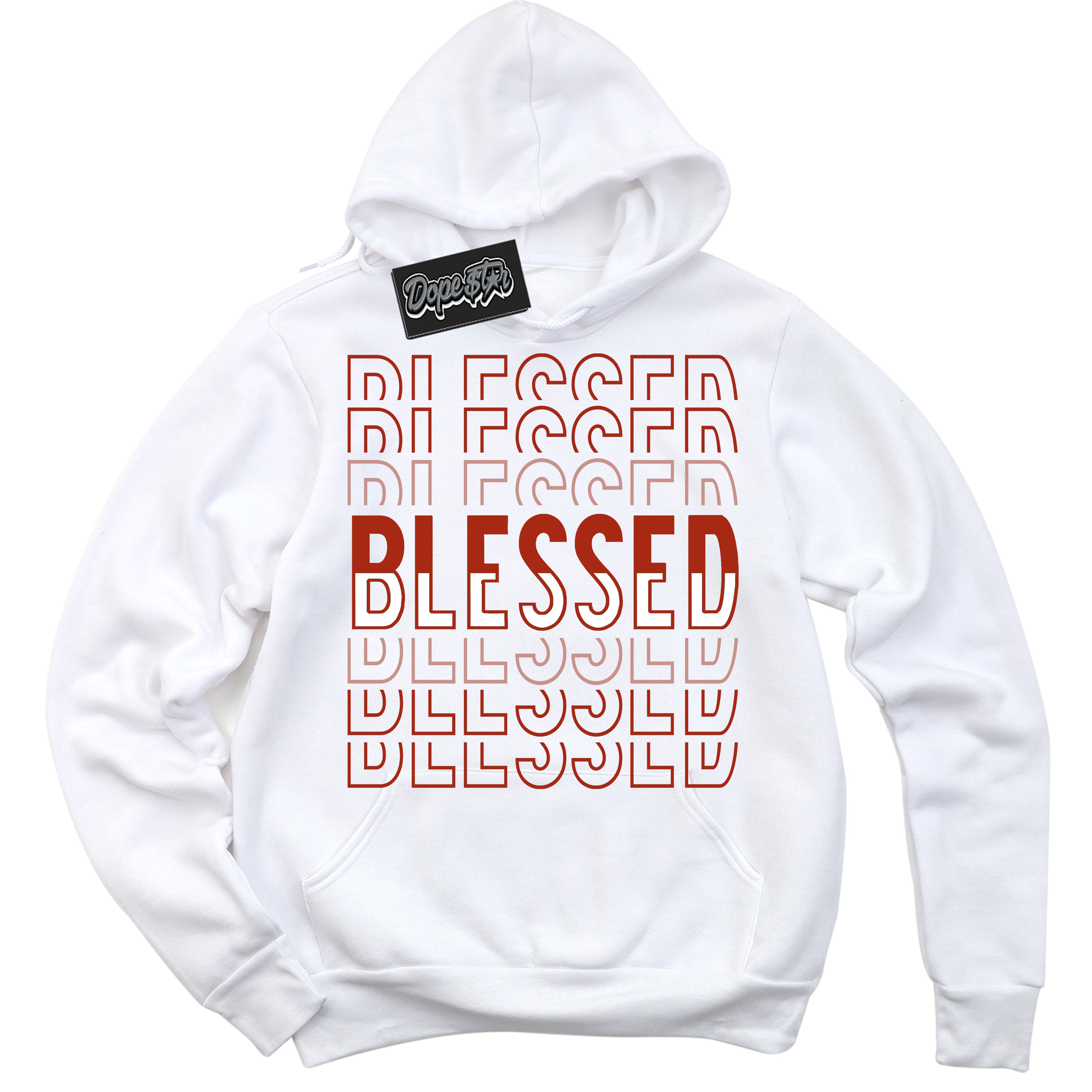 Cool White Hoodie with “ Blessed Stacked ”  design that Perfectly Matches Red Stardust Dunk.