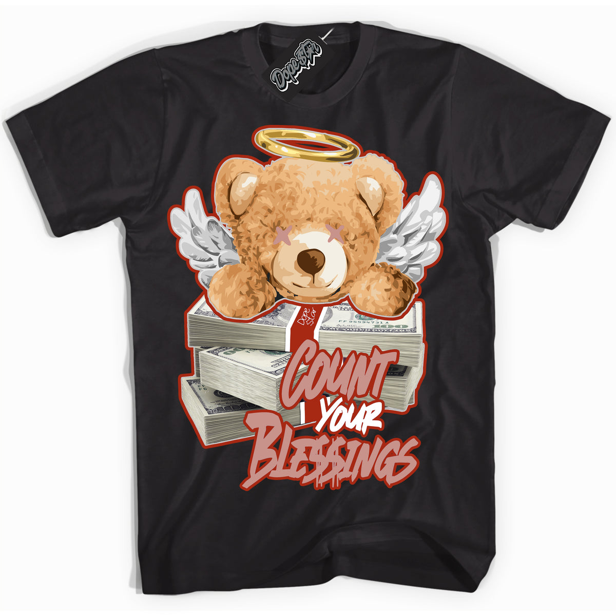 Cool Black Shirt with “ Count Your Blessings ” design that perfectly matches Red Stardust Dunk.
