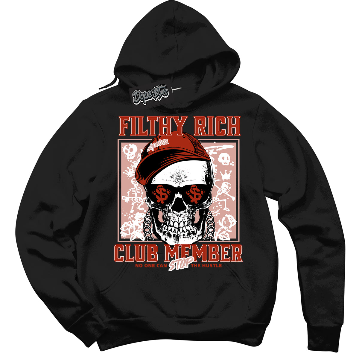 Cool Black Hoodie with “ Filthy Rich ”  design that Perfectly Matches Red Stardust Dunk Sneakers.