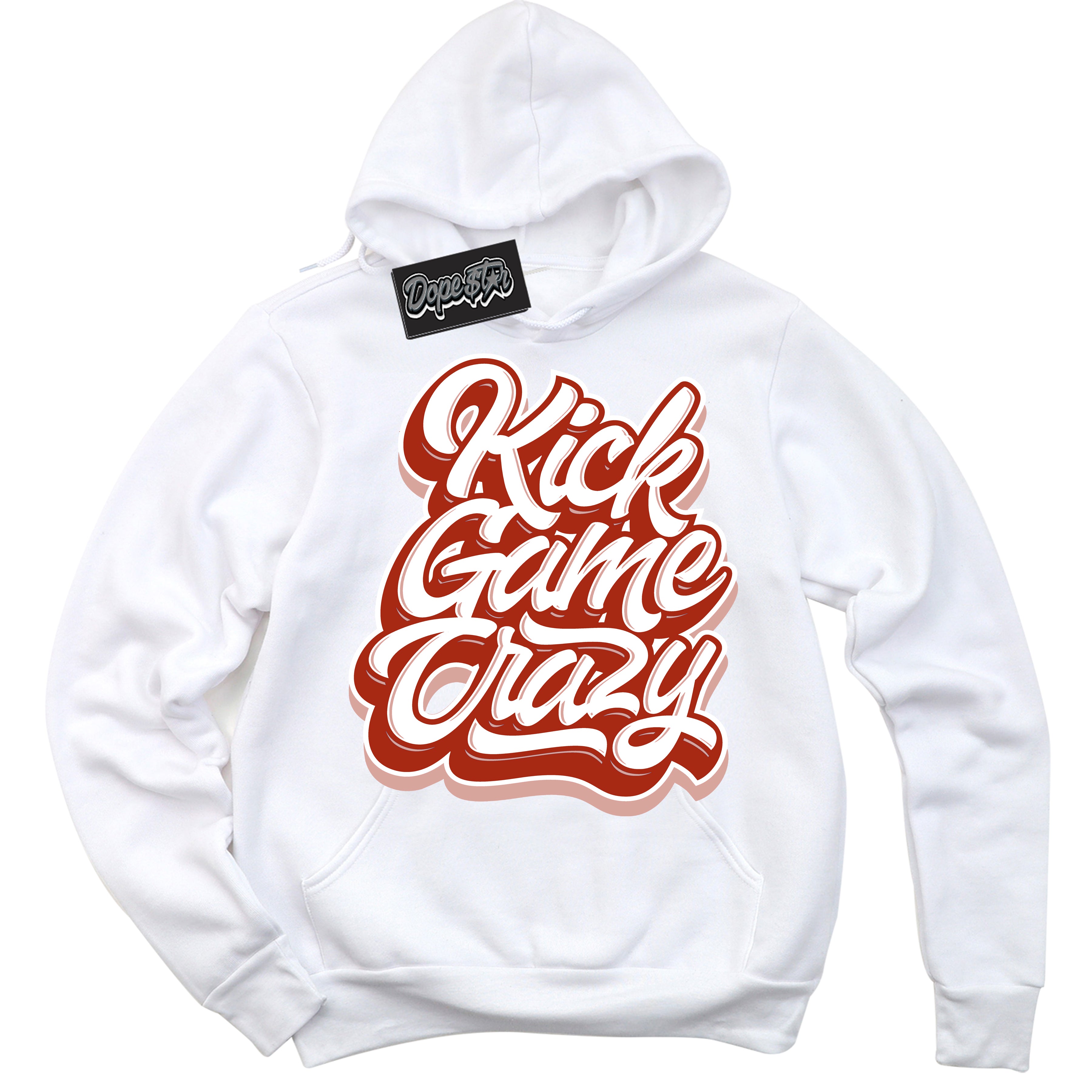 Cool White Hoodie with “ Kick Game Crazy ”  design that Perfectly Matches Red Stardust Dunk.
