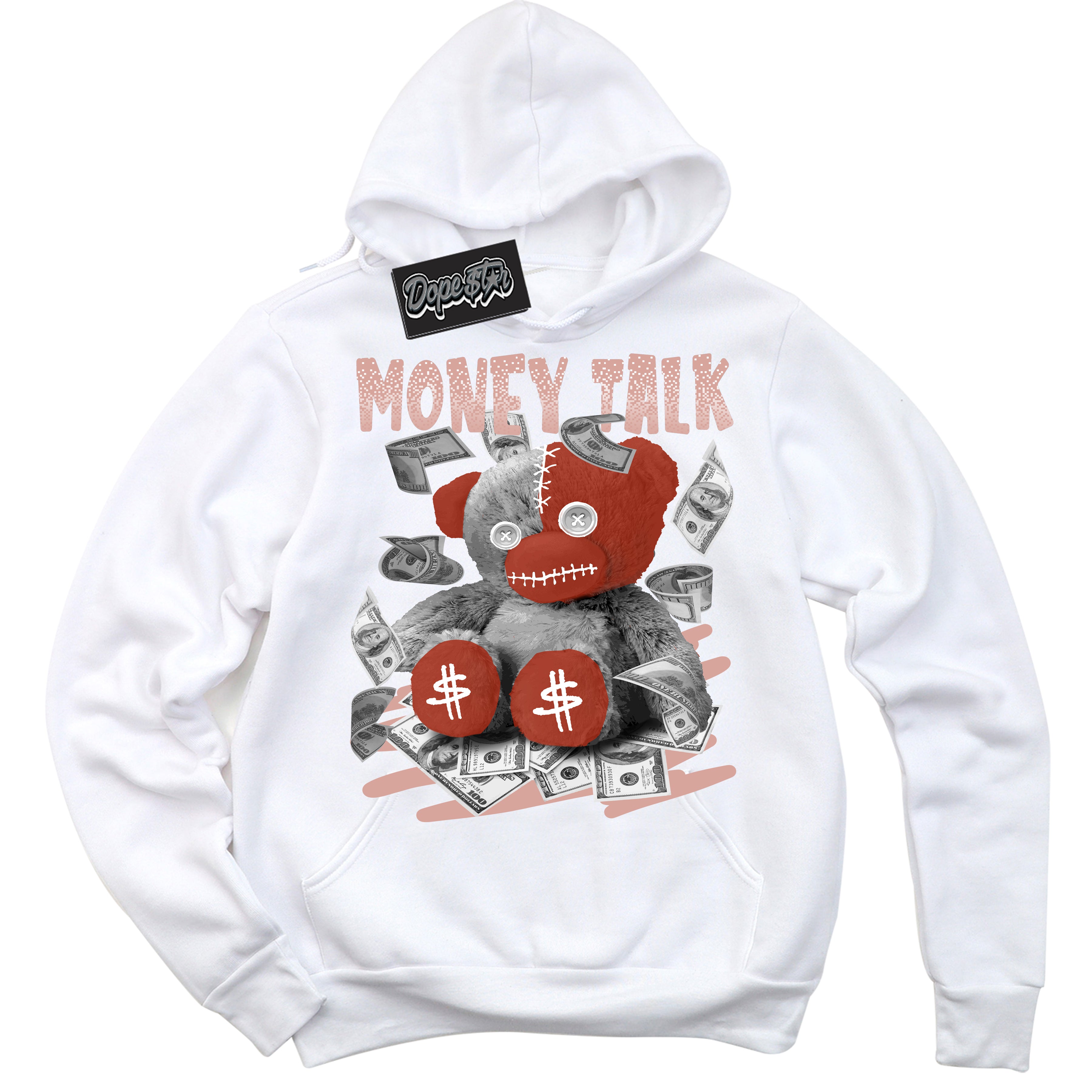 Cool White Hoodie with “ Money Talk Bear ”  design that Perfectly Matches Red Stardust Dunk.
